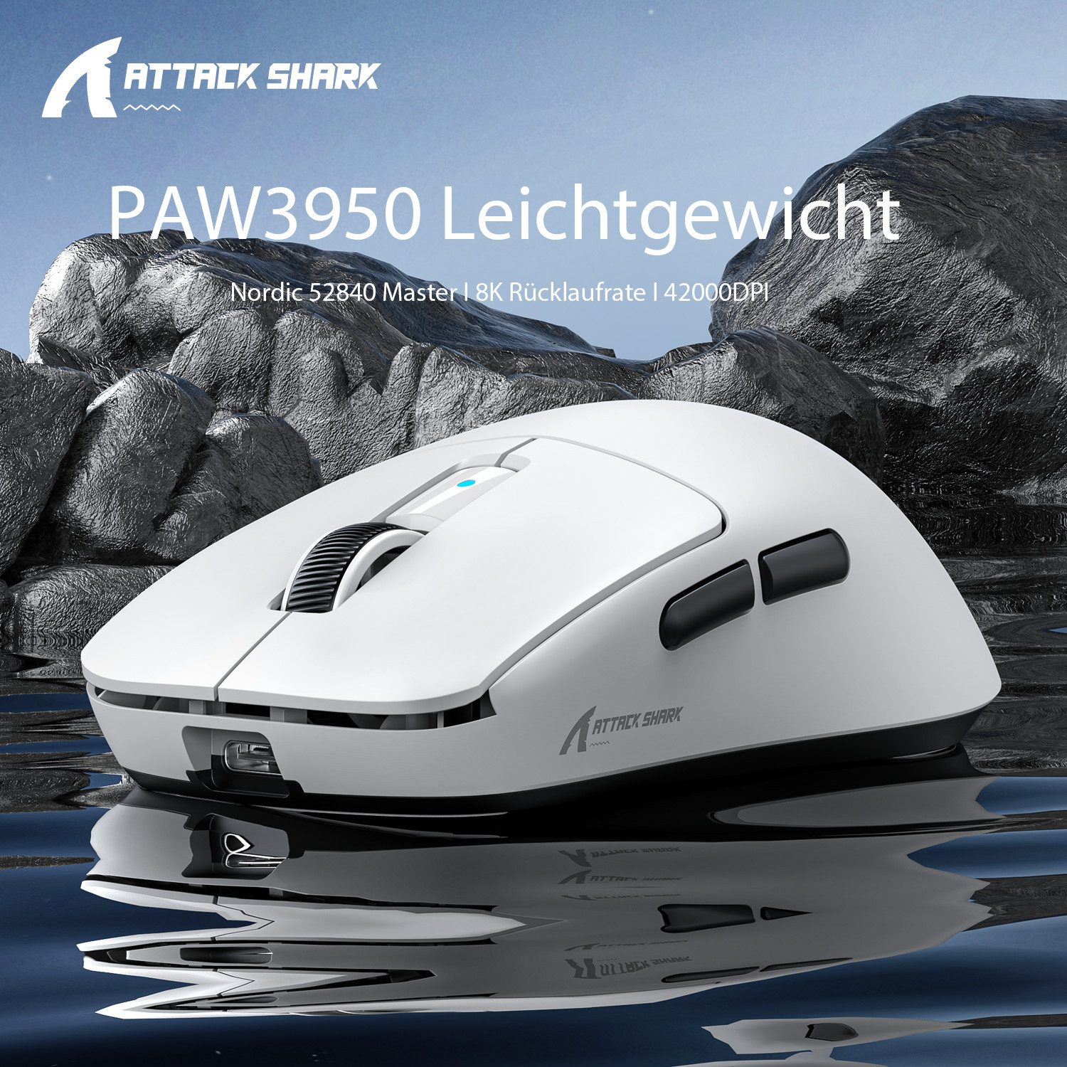 ATTACK SHARK R6 Gaming-Maus, PAW3950MAX-Sensor, 39 g, 8 kHz, Nordic 52840 Gaming-Maus (2.4G, Bluetooth, USB-C, Win11/Xbox/PS/Mac)