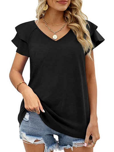 ZWY 2-in-1-Shirt T-Shirt Damen V-Ausschnitt Oberteile mit kurzärmelige,Rüschenärme