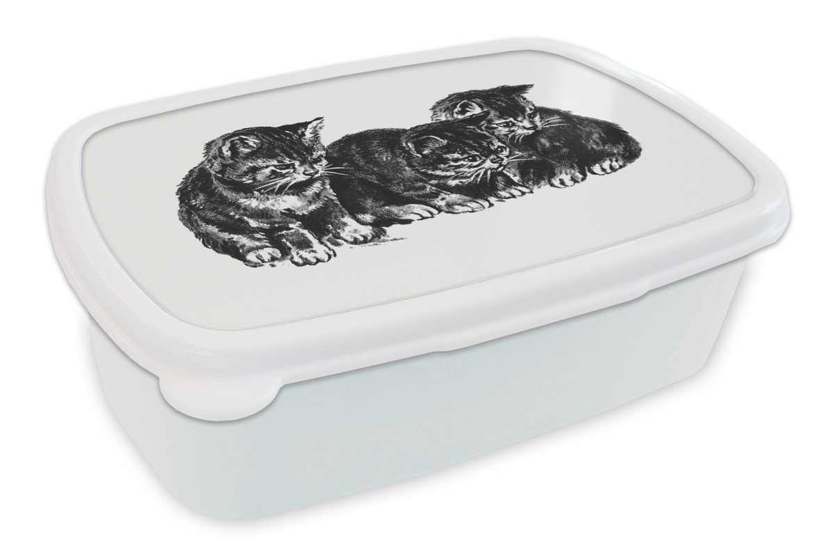 Brotdose, MuchoWow Katze - weiß Kinder und Erwachsene, Tiere, - für und Mädchen Retro (2-tlg), Jungs Kunststoff, Brotbox für Lunchbox