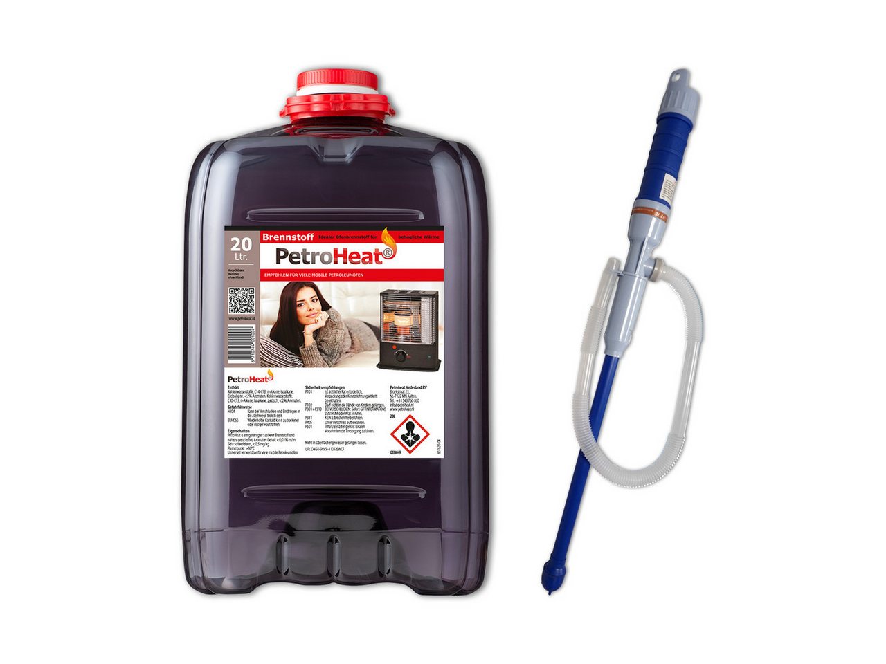 PetroHeat Petroleum 20 Liter Brennstoff geruchsarm für Petroleumofen, mit elektrischer Pumpe, für mobile Petroleum-Heizung, Petroleumöfen