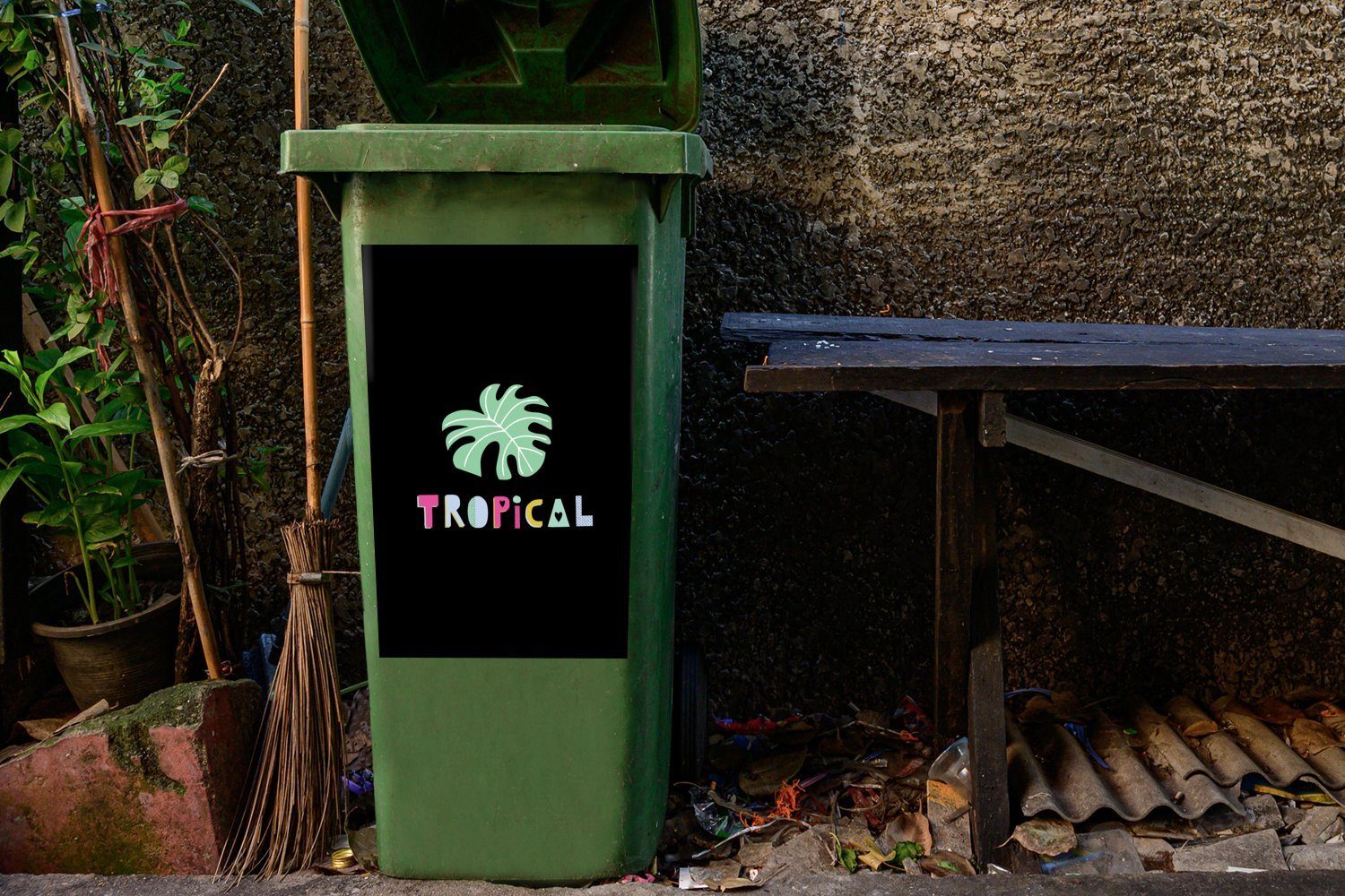 - Sommer Mülleimer-aufkleber, St), Tropical Schwarz Mülltonne, Abfalbehälter MuchoWow Wandsticker - Container, Sticker, (1