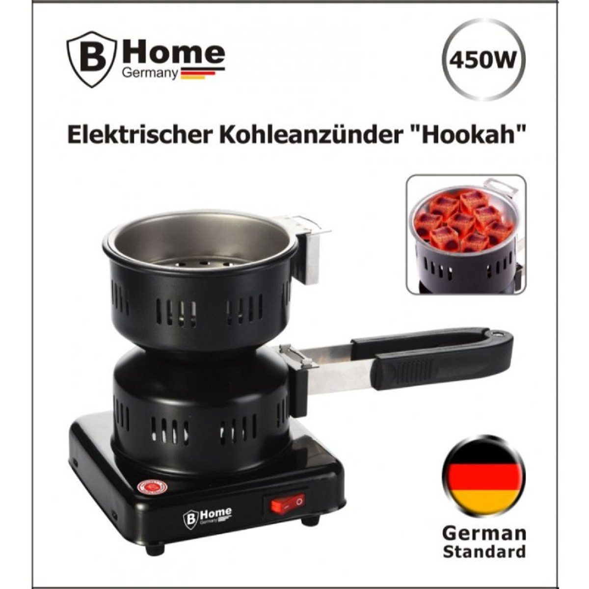 B-Home Gaskocher Elektrischer Shisha Kohleanzünder mit Greifzange "Hookah" - 450 Watt