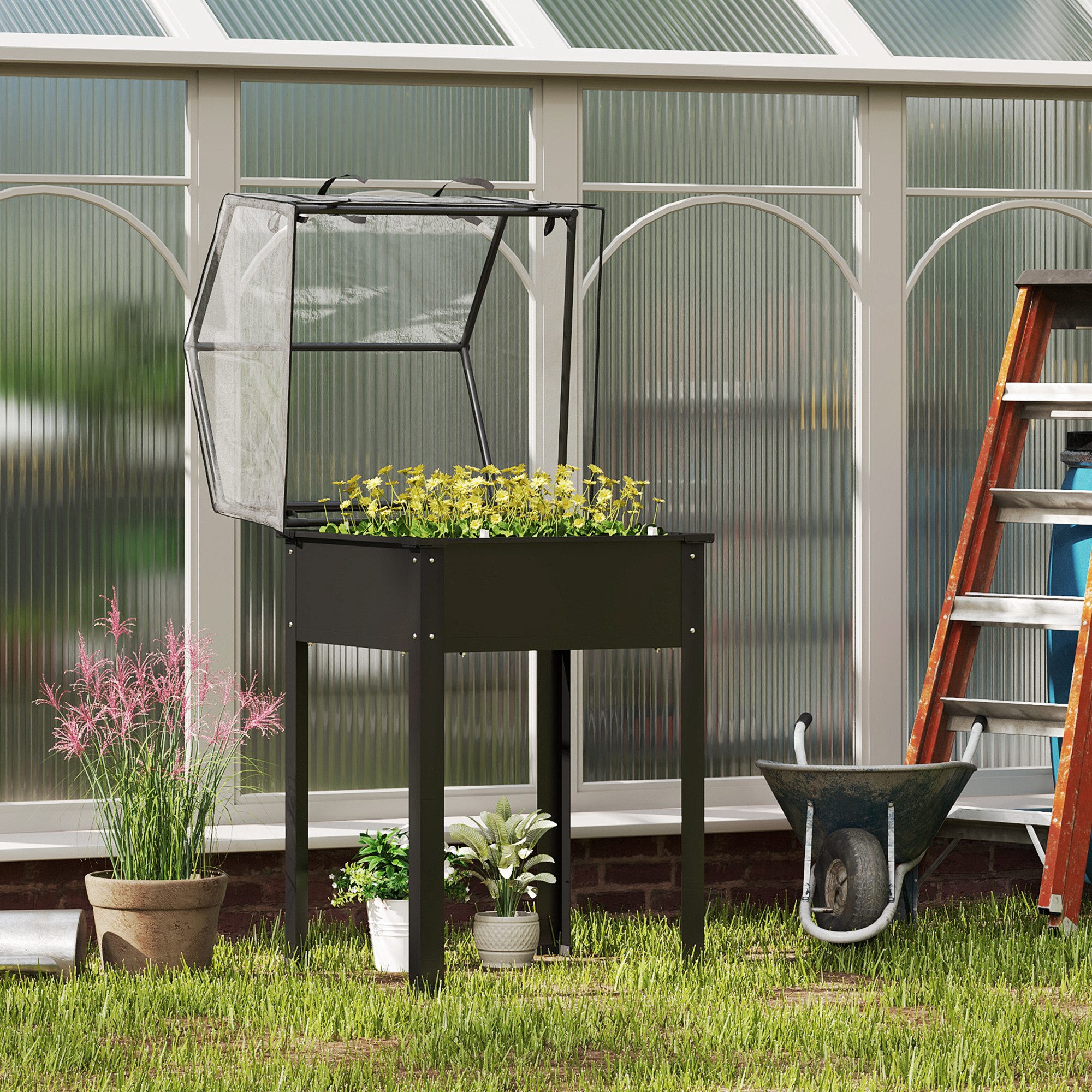 Outsunny Hochbeet mit Abdeckung, Ablauflöchern, aus Metall, wetterbeständig (erhöhtes Kräuterbeet, 1 St., Gemüsebeet), für Garten, Balkon, 60 x 60 x 120 cm, Schwarz