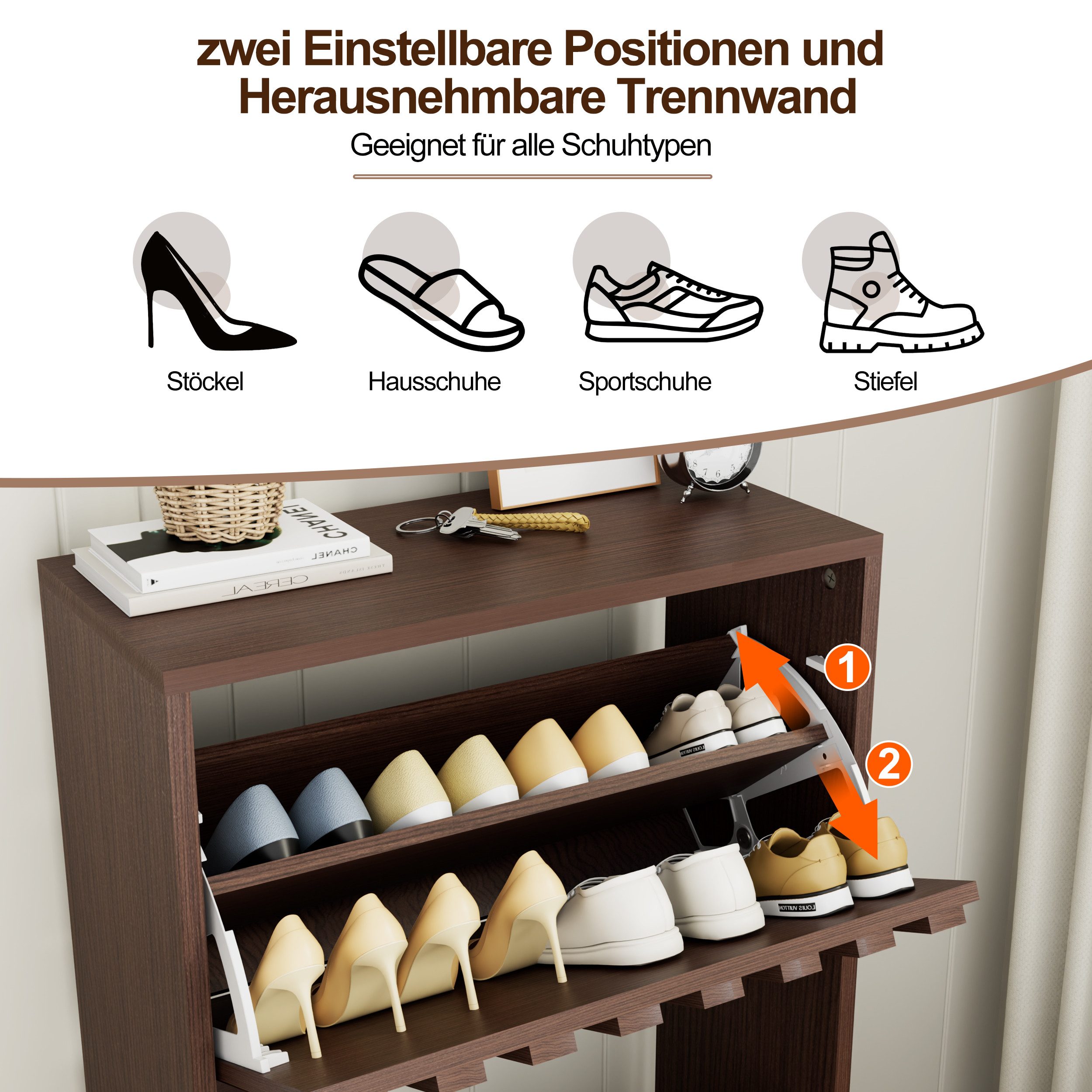 UEV Schuhschrank mit 2 Klappen Schuhregal Schukipper schmal 24CM tief (Anti-Kipp-Vorrichtung für Eingangsbereich, Modern Schuhaufbewahrung mit Oberplatte Platzs – Bild 4 von 5