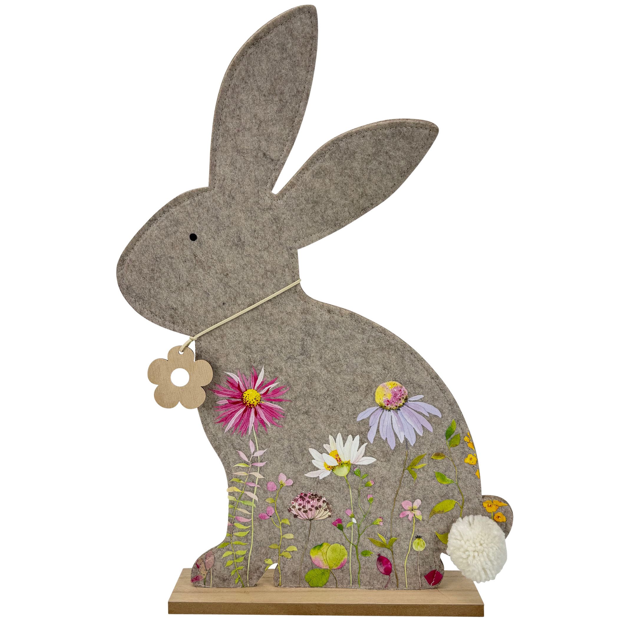 Online-Fuchs Osterhase Figur XL aus Filz und Holz - 53 cm groß - Dekoration zu Ostern (Grau mit bunten Blumen), Blütenkette aus Holz und weißem Puschelschwanz