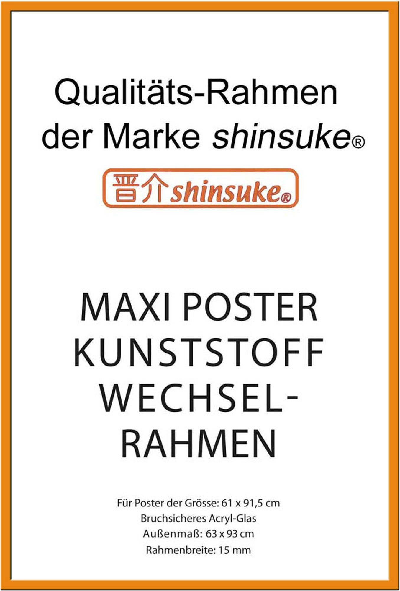 Maxi-Poster Kunststoff 15mm Profil: Posterrahmen Shinsuke® 61x91,5cm, Rahmen Farbe orange mit Wechselrahmen Acryl-Scheibe empireposter