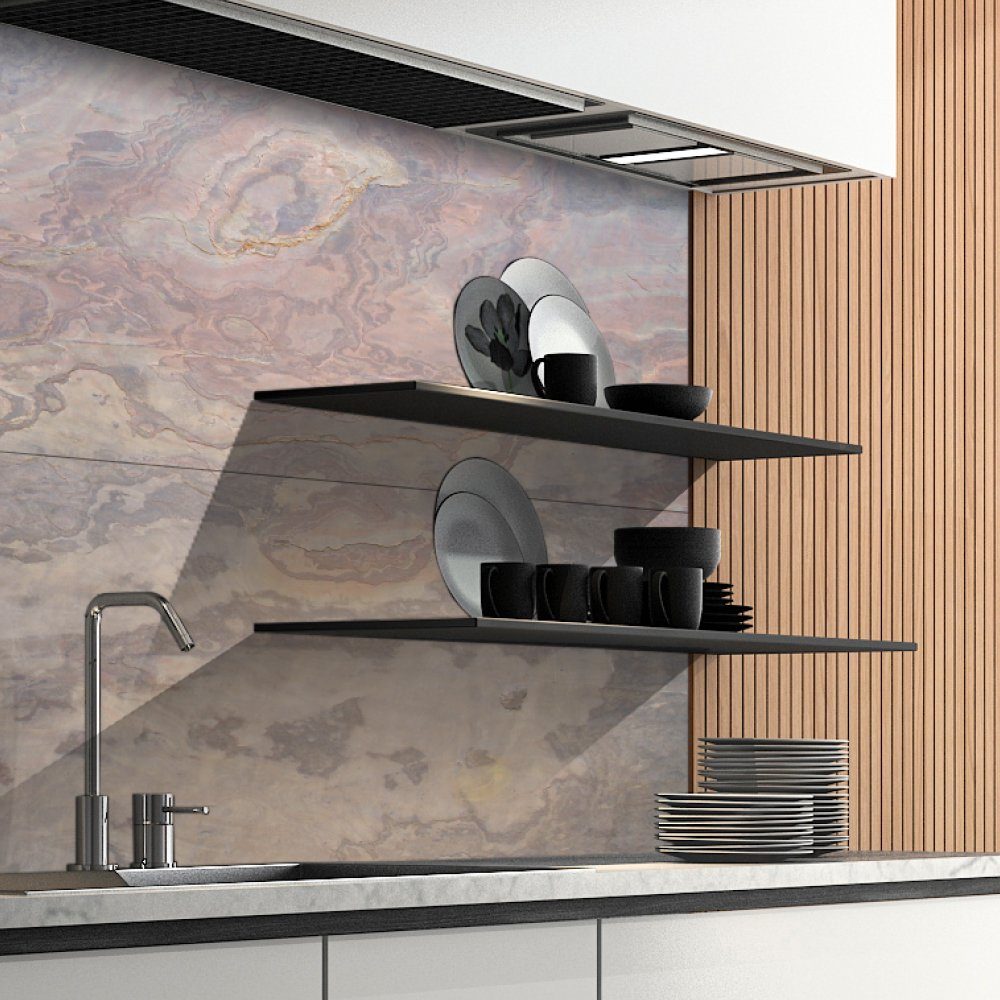 DRUCK-EXPERT Küchenrückwand Naturstein aus Buntschiefer Unikat ein % Graurosa 100 Echtstein jede - Platte