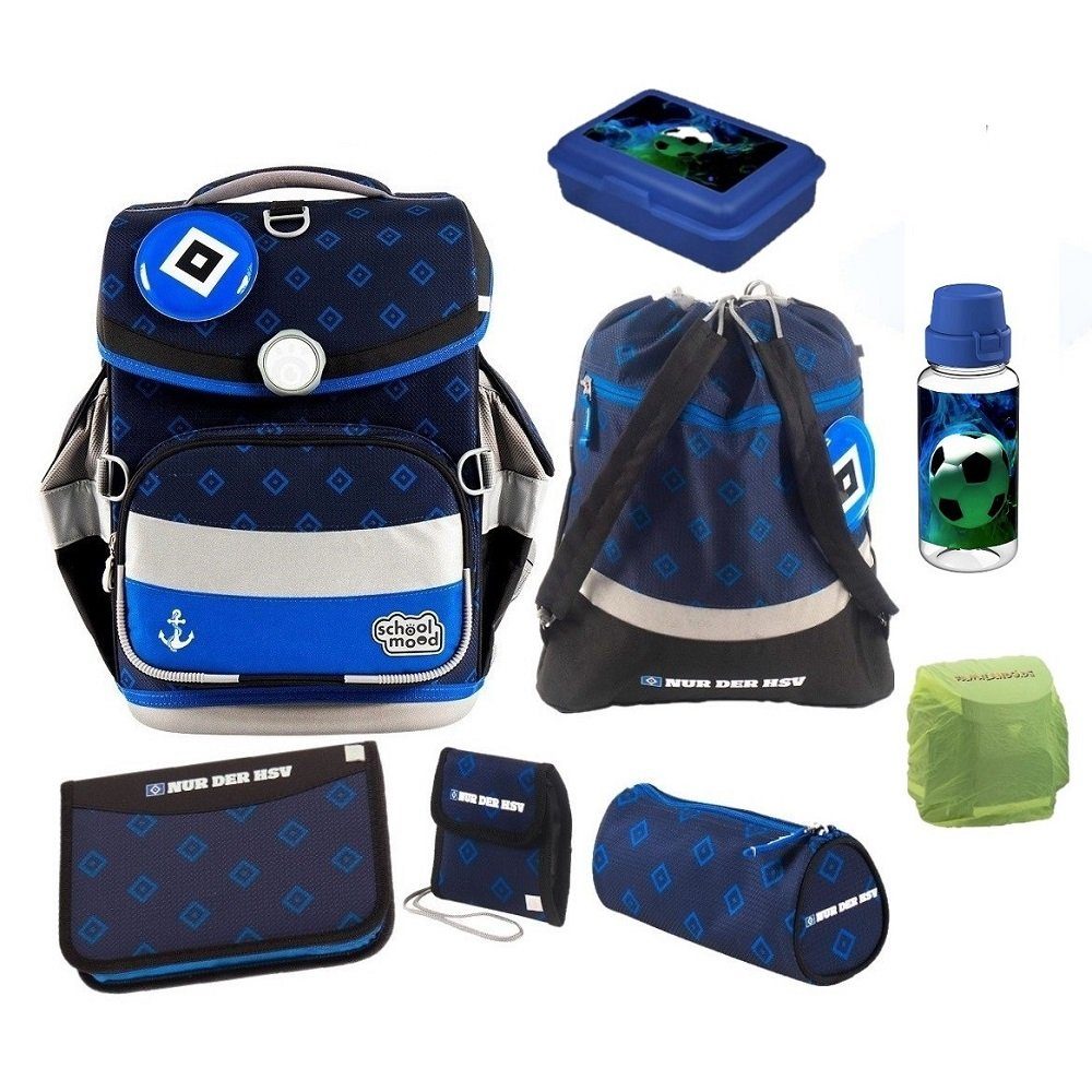SCHOOL-MOOD® Schulranzen Timeless Air+ für Jungen von der 1. bis 4. Klasse (Set, 9-tlg), im HSV Stil mit Dose, Flasche und Patchies