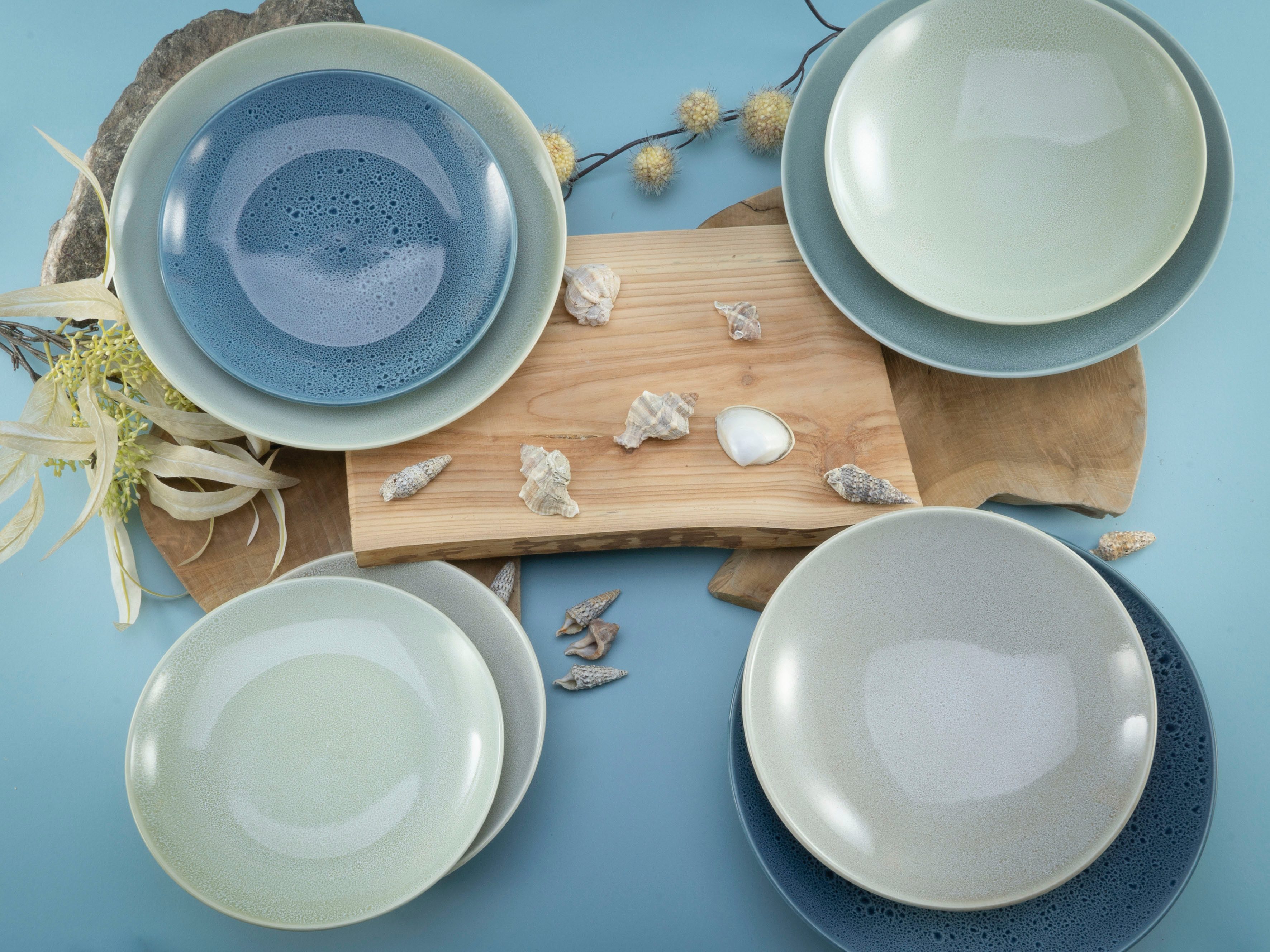 CreaTable Teller-Set Geschirr-Set Reactive (12-tlg), 4 Personen, Steinzeug, Teller Set, Service, jedes Stück ein Unikat, 12 Teile, für 4 Personen