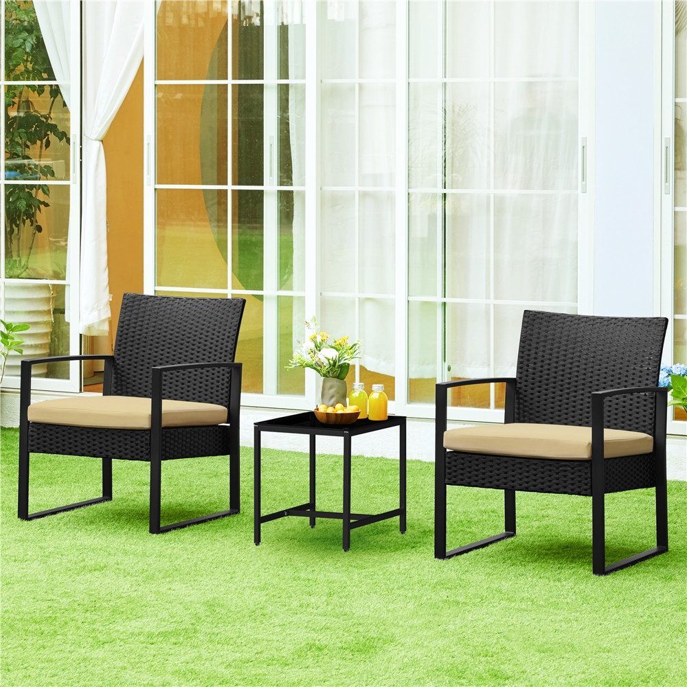 Yaheetech Balkonset 3-teilig Terrassenmöbel-Set in Rattan-Optik, Sitzgruppe mit 2 Stühle & 1 Quadratischem Beistelltisch mit Glasplatte