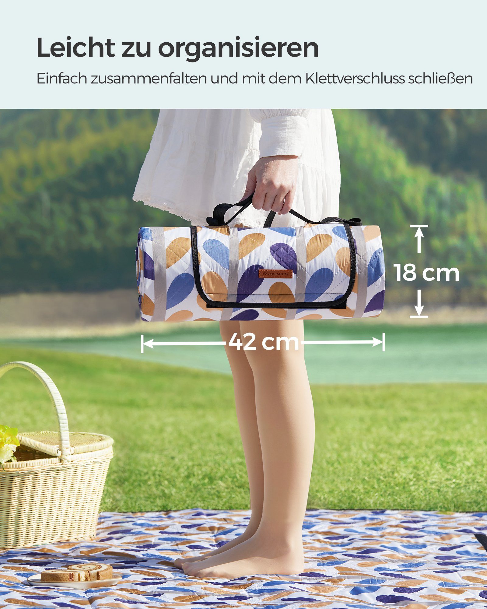 Picknickdecke 200 x 200 cm, groß, Campingdecke, für Park, Garten, Strand, SONGMICS, wasserdicht, maschinenwaschbar, faltbar, bunte Blätter