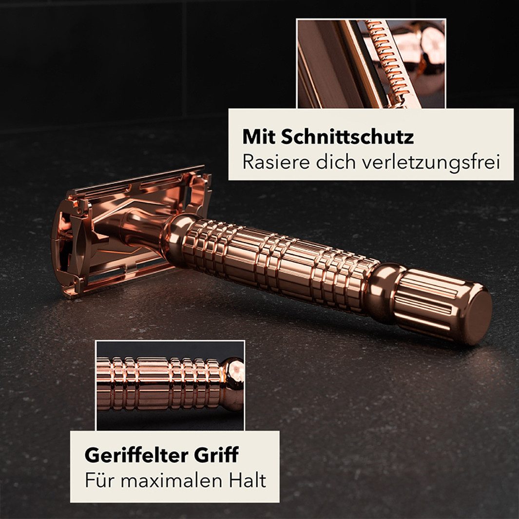 Störtebekker Rasierhobel Herren - Rosé-Gold - im handgefertigten Lederetui inkl. 10 Klingen, perfekt für Einsteiger