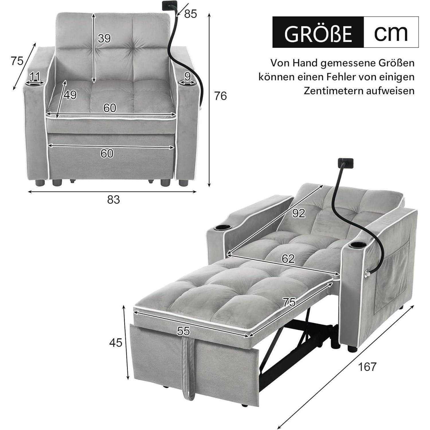 LuxusKollektion Schlafsofa Schlafsofa 3in1 Ausziehbar Getränkehalter Antik Grau Weiß B