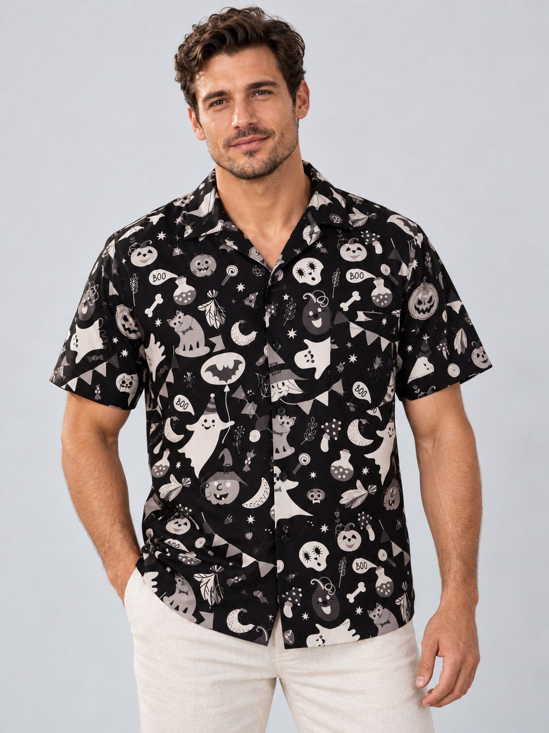 King Kameha Hawaiihemd "Halloween Pumpkin Ghost" Funky Hawaii-Hemd Kurzarm FrontTasche Unisex – Bild 3 von 5