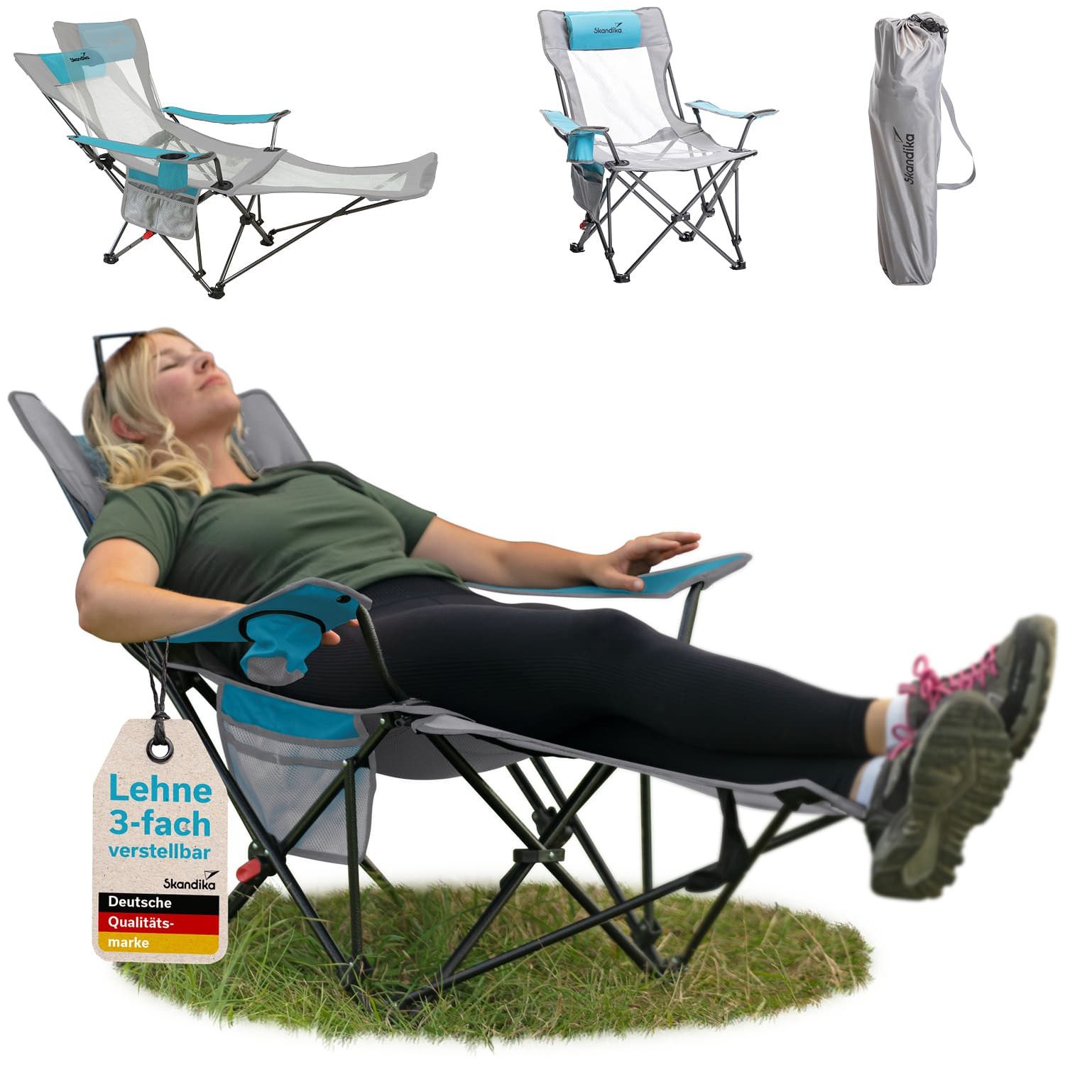 Skandika Campingstuhl Toras mit Fußablage, Faltbarer Liegestuhl, Klappsessel, Gartenstuhl, Liegefunktion, verstellbare Rückenlehne, Getränkehalter, Kopfkissen