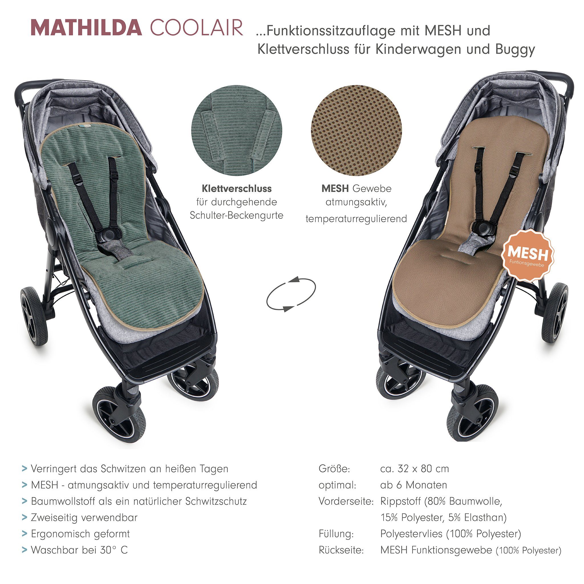 Liebes von priebes Kinderwagen-Sitzauflage MATHILDA COOLAIR Kinderwagen Buggysitzauflage Funktionsstoff atmungsa