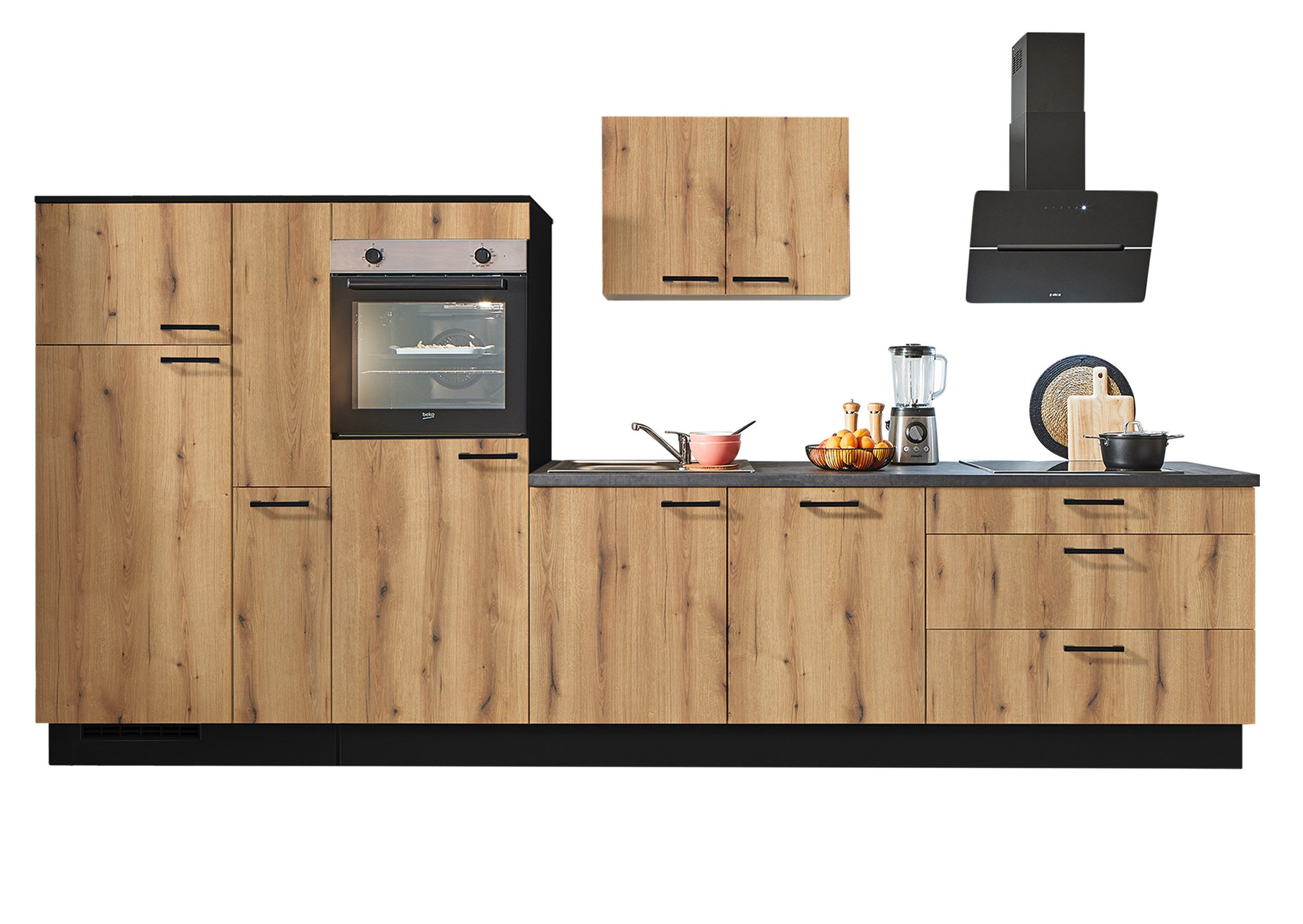 Front: Evoke Eiche | Korpus: Grafit | Arbeitsplatte: Beton Grafitgrau