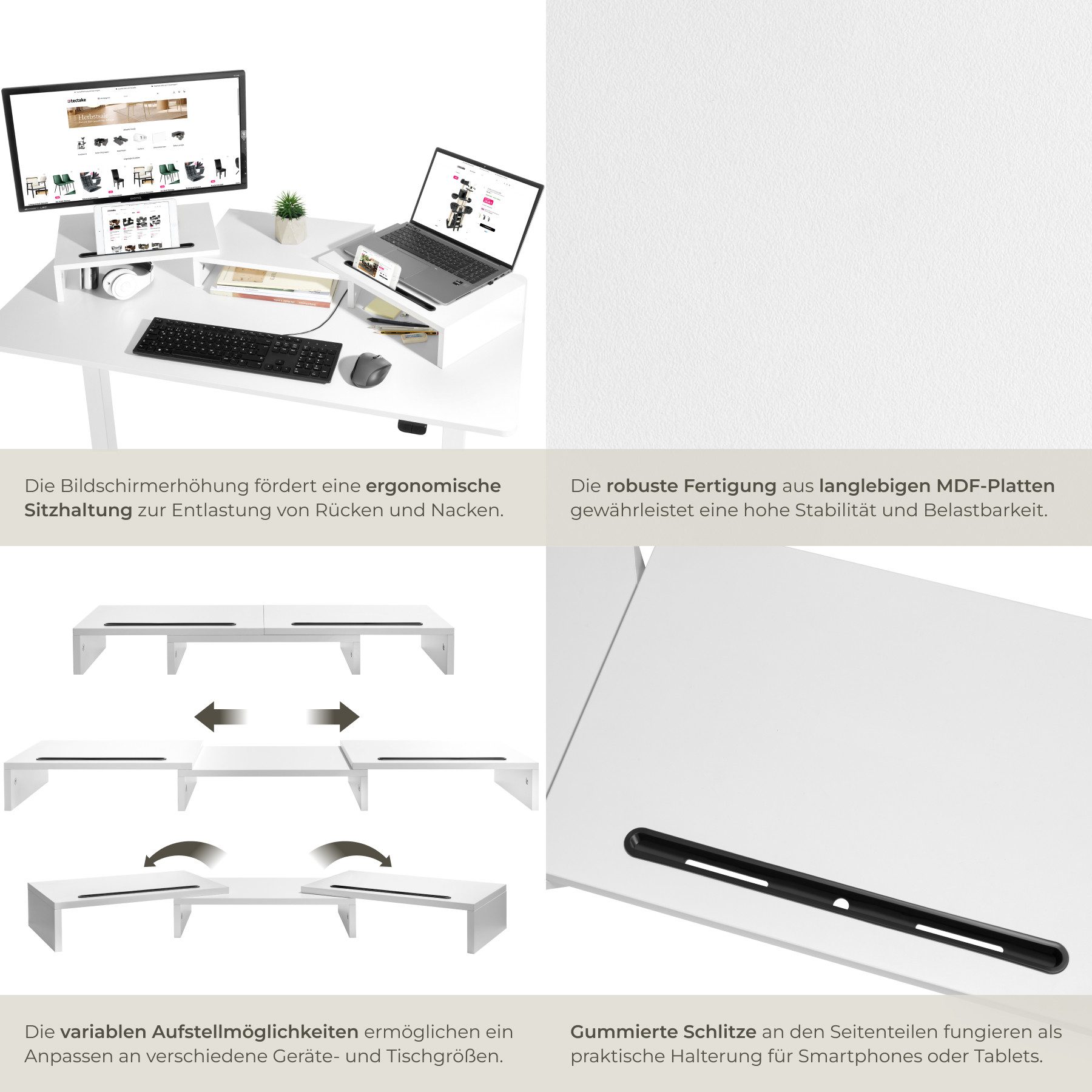 tectake Schreibtischaufsatz Monitorständer 3-teilig, Belastbarkeit 25 kg, 79 - 115 x 27 x 10,5, (Bildschirmerständer Bozen, in weiß), inklusive 2 Smartphonehalt – Bild 4 von 5