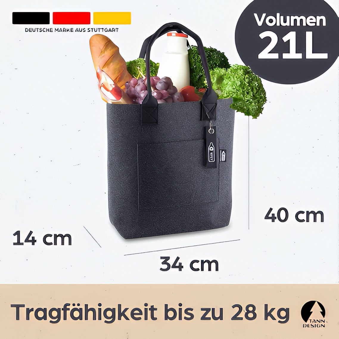 Tanndesign Einkaufsshopper Damen-Shopper Filz Grau aus recyceltem PET (21L) + Schlüsselanhänger, 21 l
