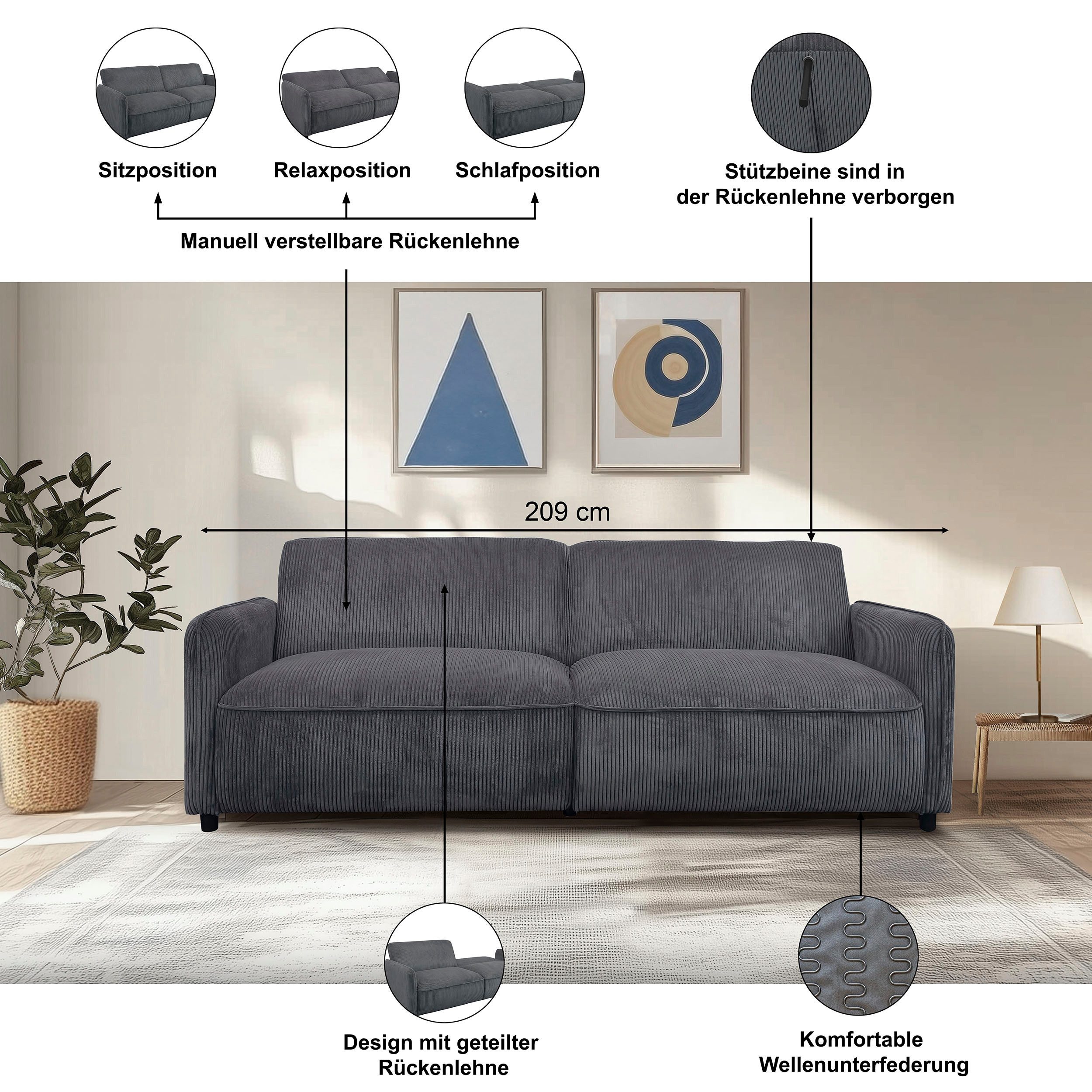 Dorel Home 3-Sitzer Allie Curved Schlafsofa 209 cm, Bettfunktion (110/190), verstellbare Rückenlehne, Cord u. Velours – Bild 3 von 5