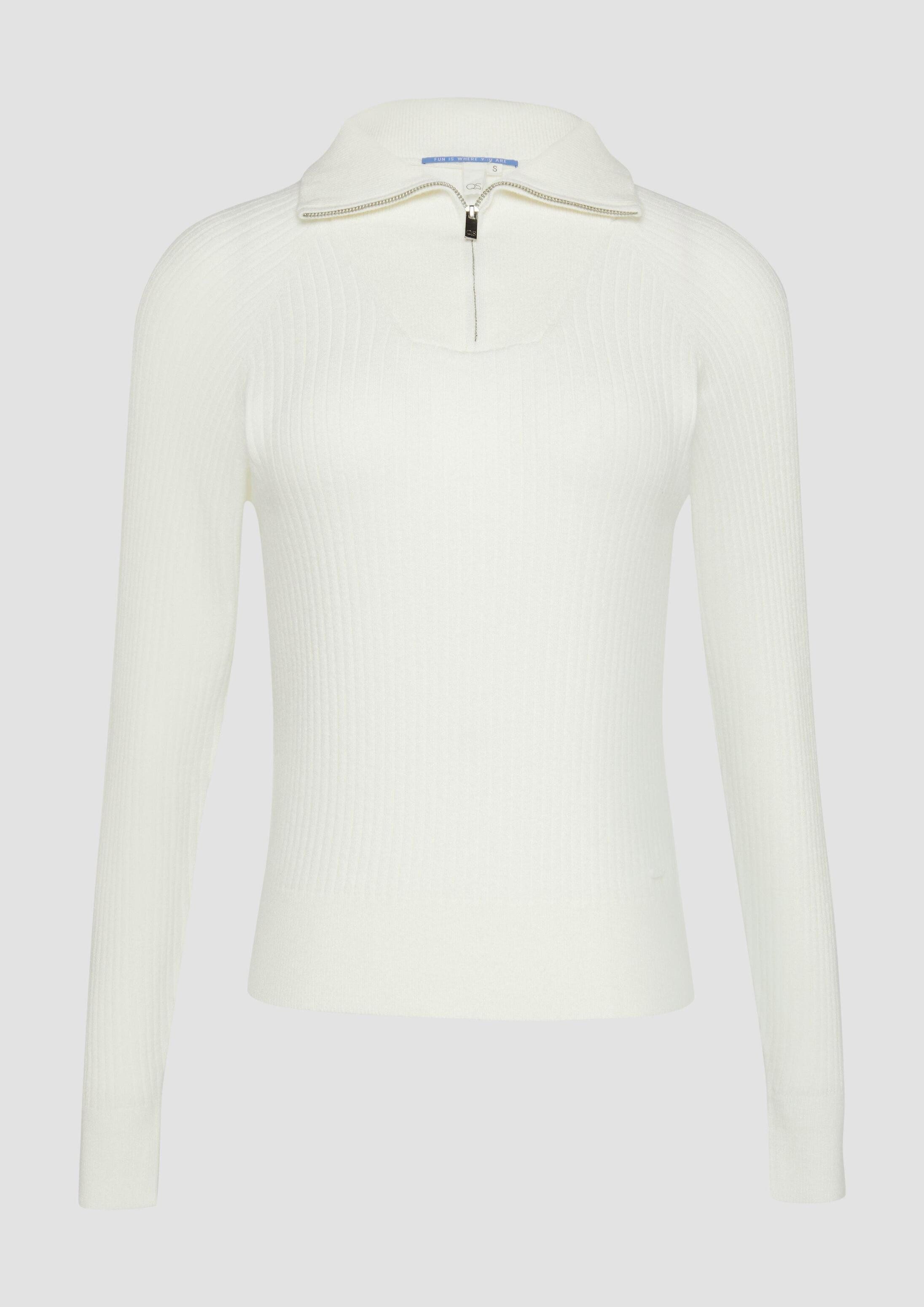 QS Longpullover Strickpullover Schmaler Pullover mit Troyer-Kragen