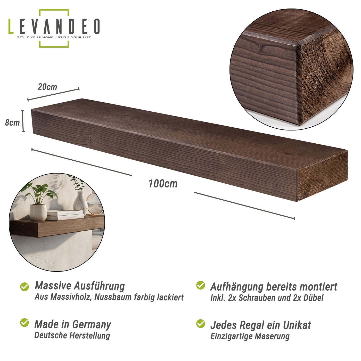 Levandeo® Wandregal, levandeo Wandregal Holz Massiv 100x20cm Nussbaum Farbi günstig online kaufen