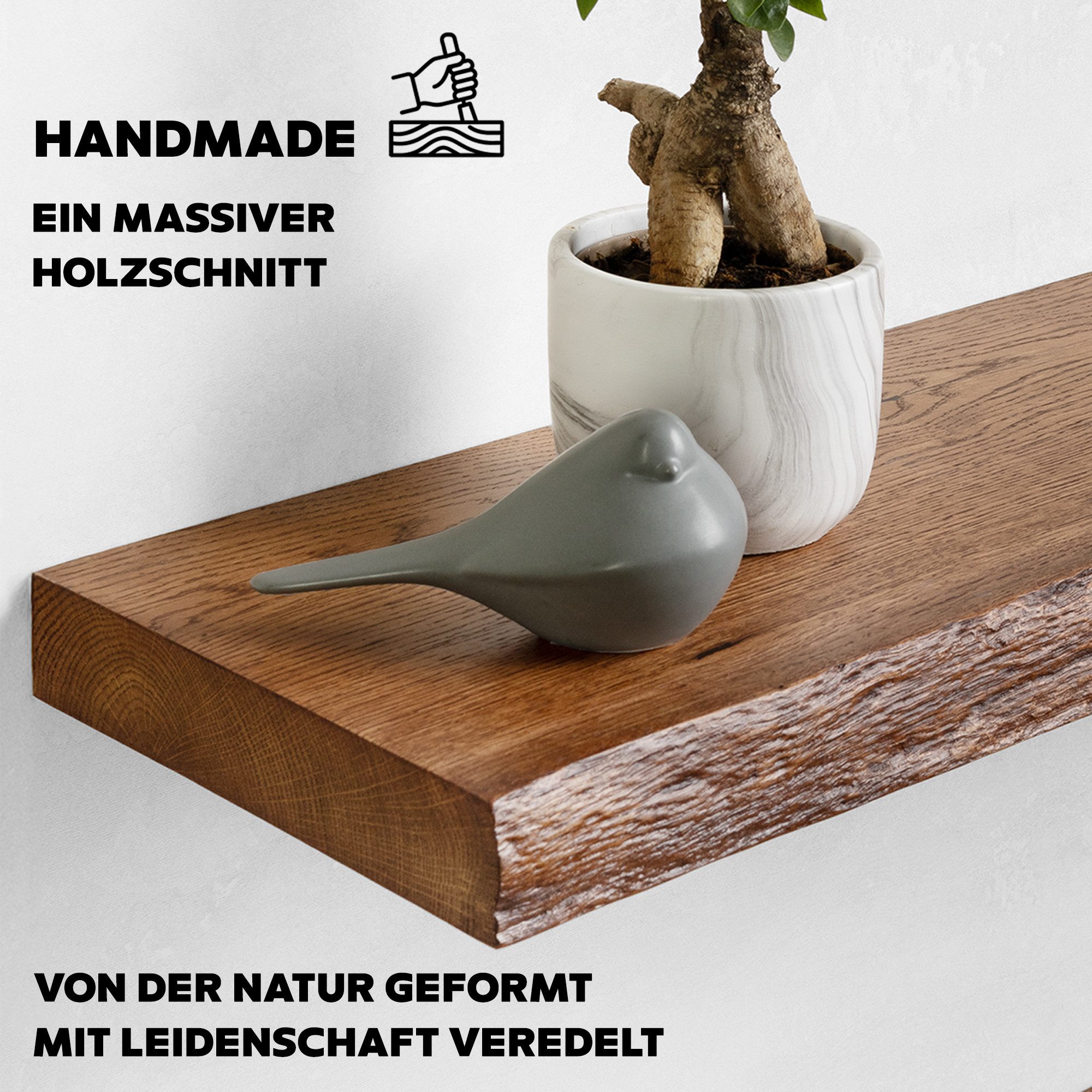 tømmermann Wandregal Schweberegal Holzregal mit Baumkante - Hängeregal aus Massivholz Eiche, Komplett-Set