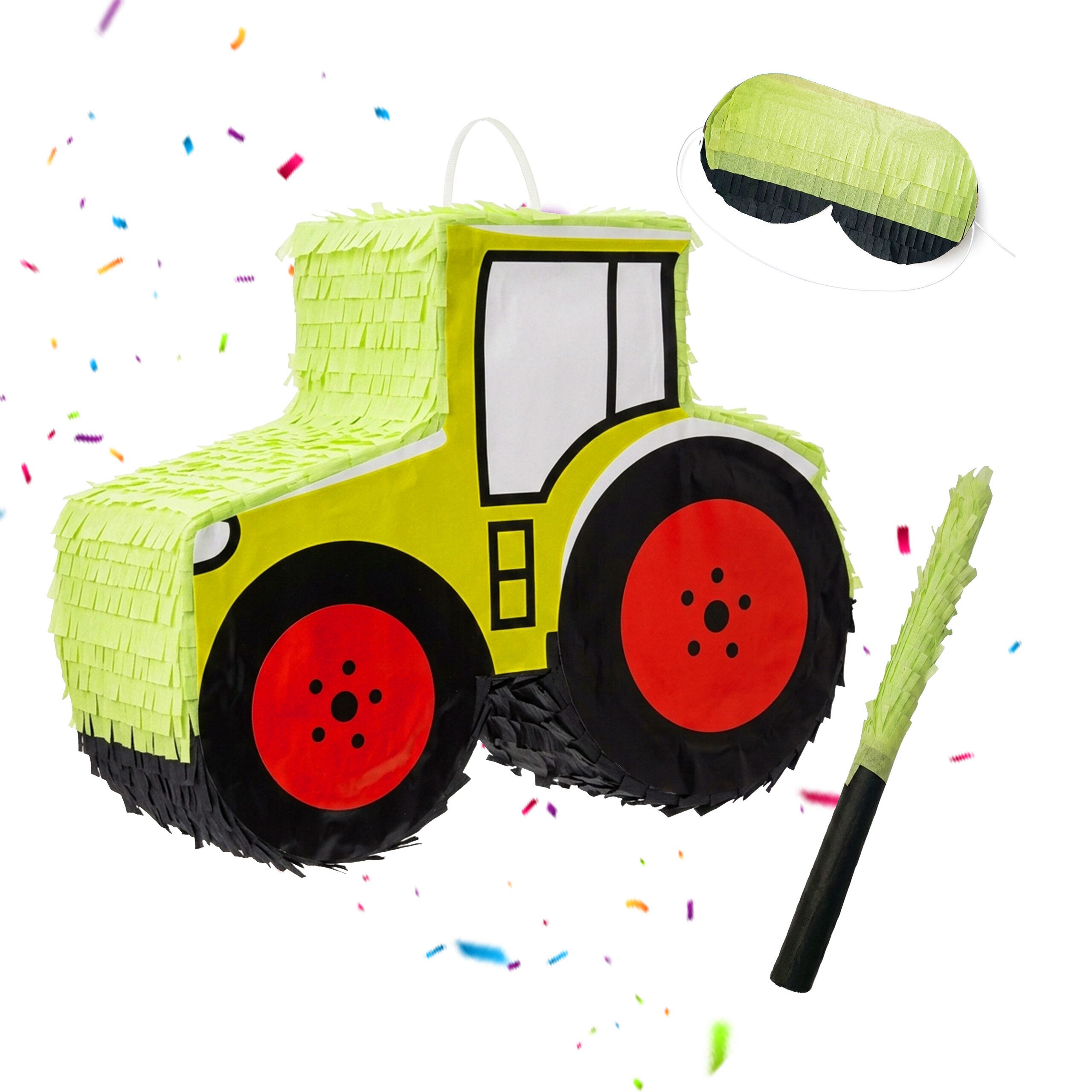 relaxdays Pinata Traktor mit Stab und Maske, Hellgrün-Rot