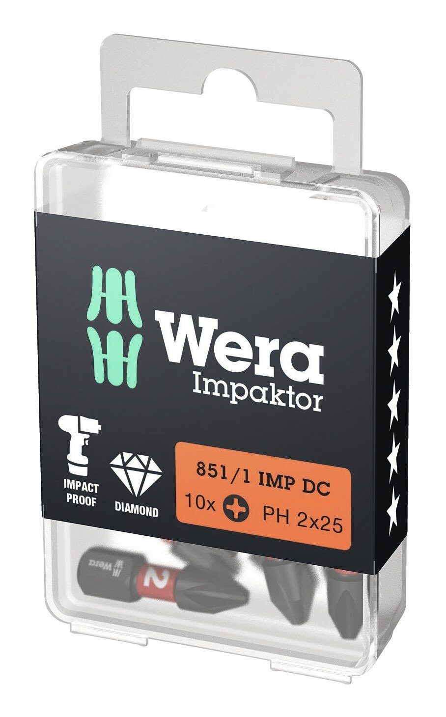 Wera Bit-Set, Bit-Sortiment Impaktor 1/4" DIN 3126 C6,3 PH2 x 25 mm 10er Pack