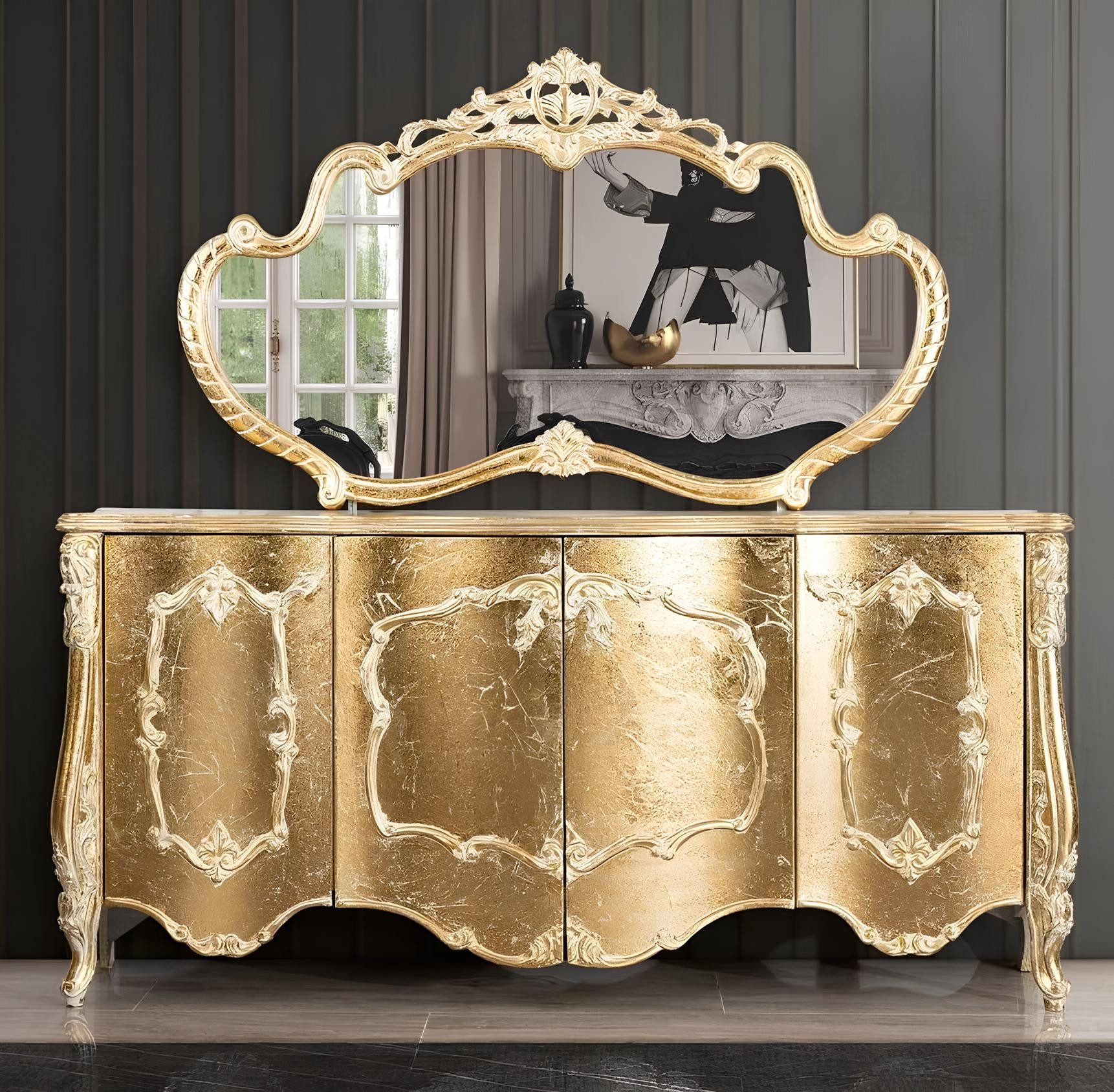 Xlmoebel Sideboard Elegante Anrichte in Gold mit Spiegel und luxuriösen Details (2 St., Anrichte + Spiegel), Hergestellt in Europa