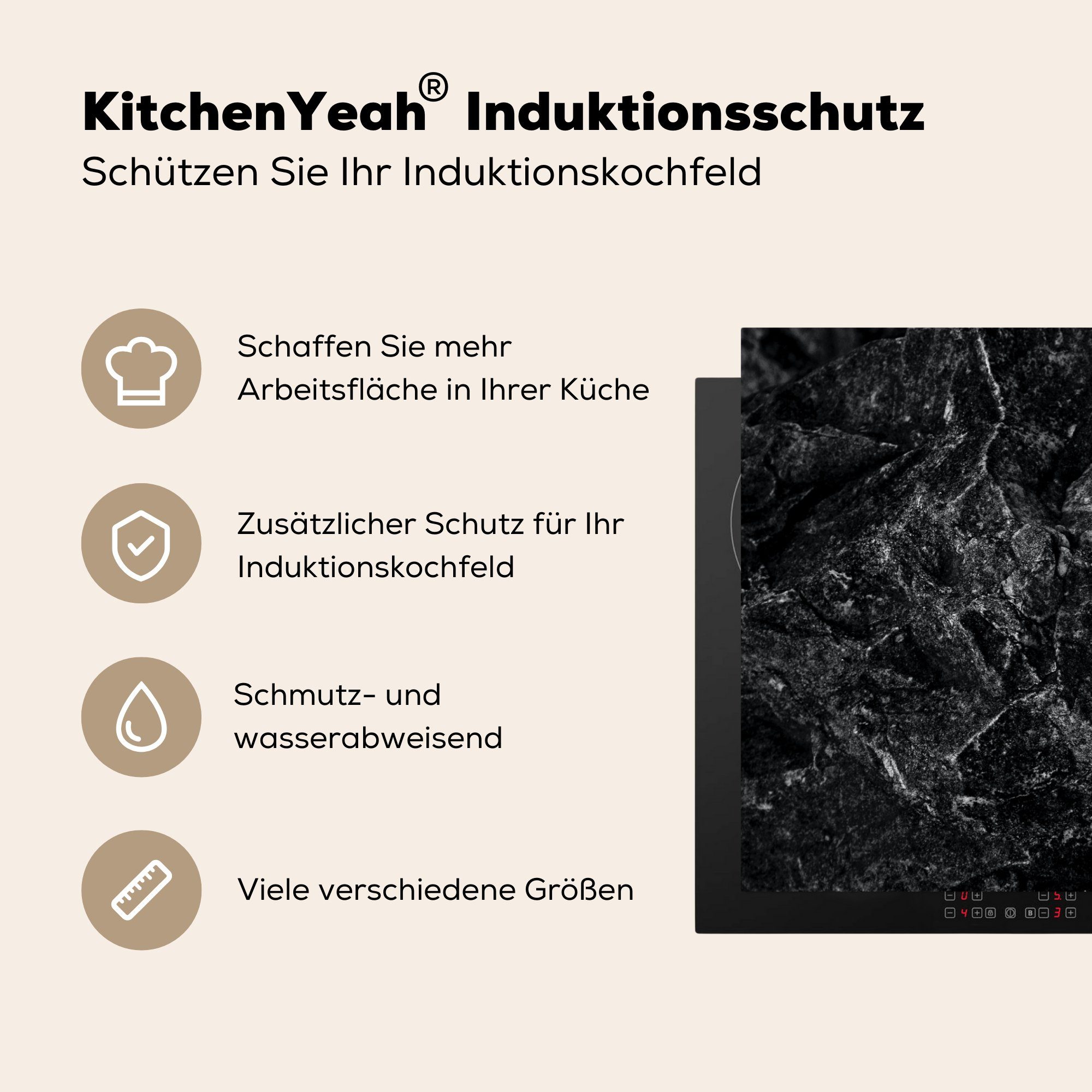 MuchoWow Herdblende-/Abdeckplatte für Granit, - - Ceranfeldabdeckung Stein Vinyl, (1 - die Schwarz tlg), küche, Induktionskochfeld Schutz 81x52 Weiß cm