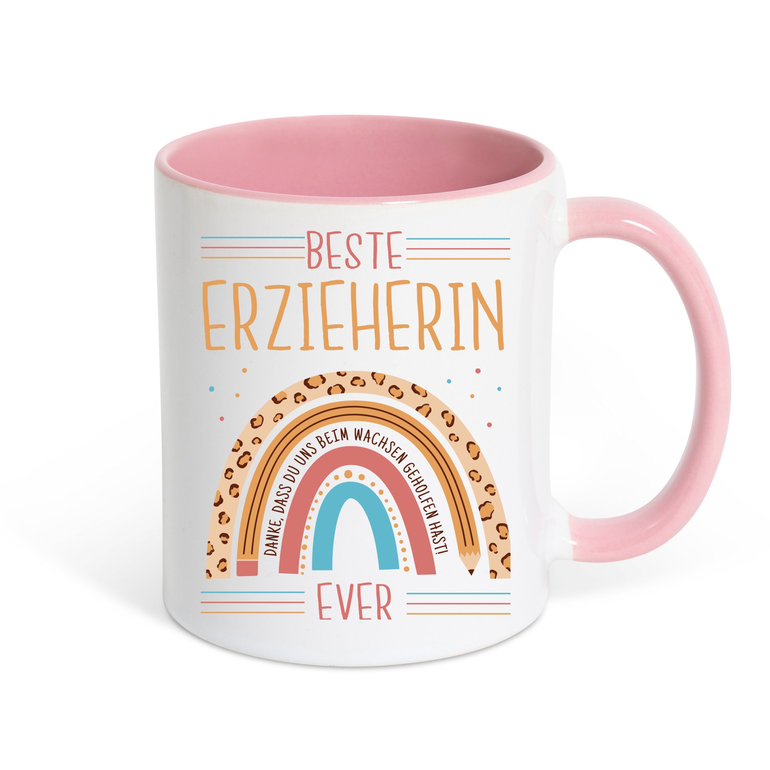 Geschenk mit Druck Beste und Erzieherin Weiss/Rosa Spruch, Keramik, Designz Kaffeetasse trendigem Youth Tasse Ever Süßem