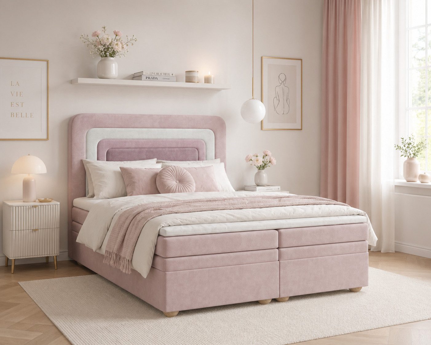 MOEBLO Boxbett NEST (Rosa, regenbogenförmige abgerundete Kopfstütze, mit Bettkasten, Samt, Velour, Bonell + Topper, Doppelbett - 140x200 cm), (BxHxT): 143 / 163 / 183 x 113 x 214 cm