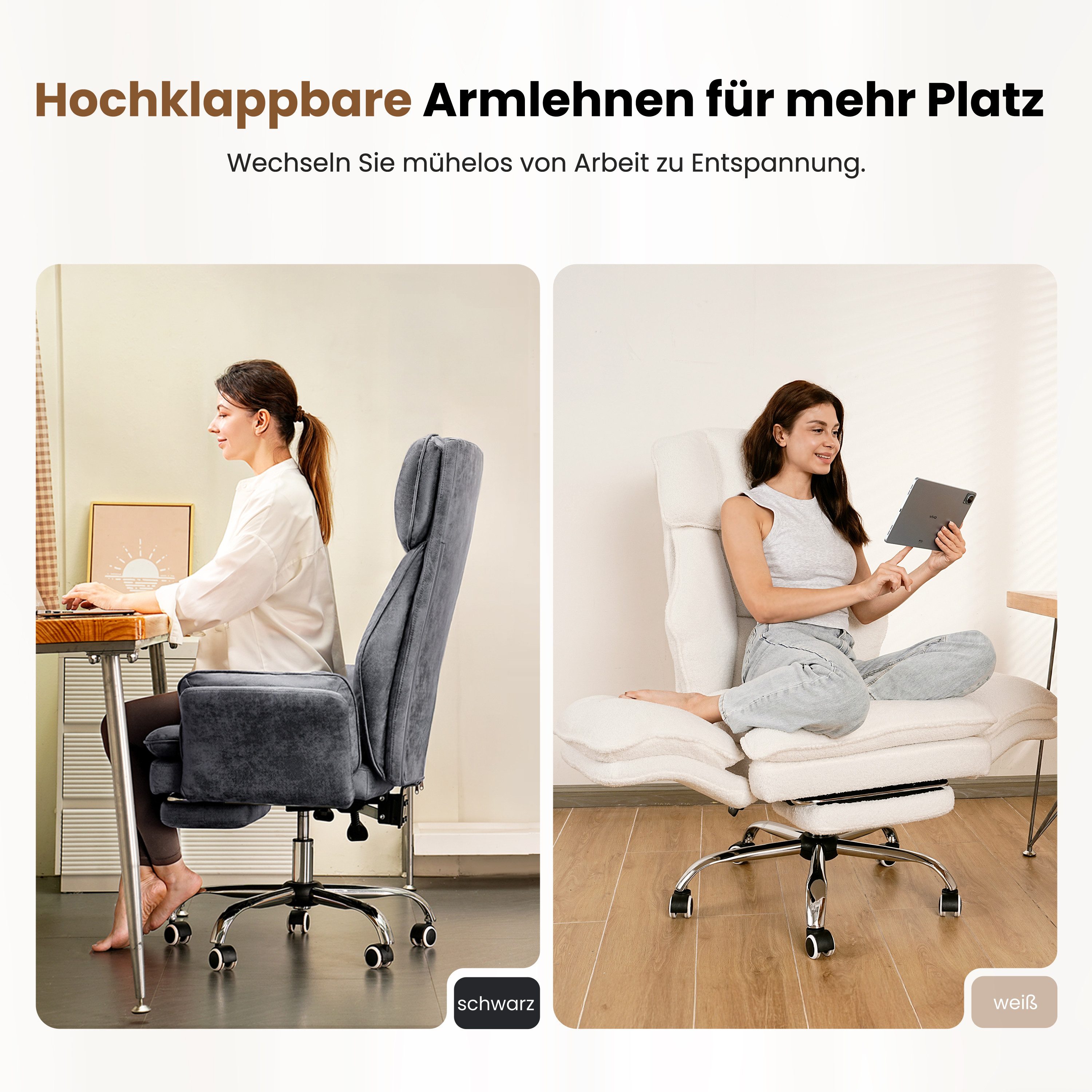 Patbrela Drehstuhl Bürostuhl Chefsessel Ergonomisch mit klappbaren Armlehnen, Gaming Stuhl mit Fußstütze & 135° Verstellbarer Rückenlehne