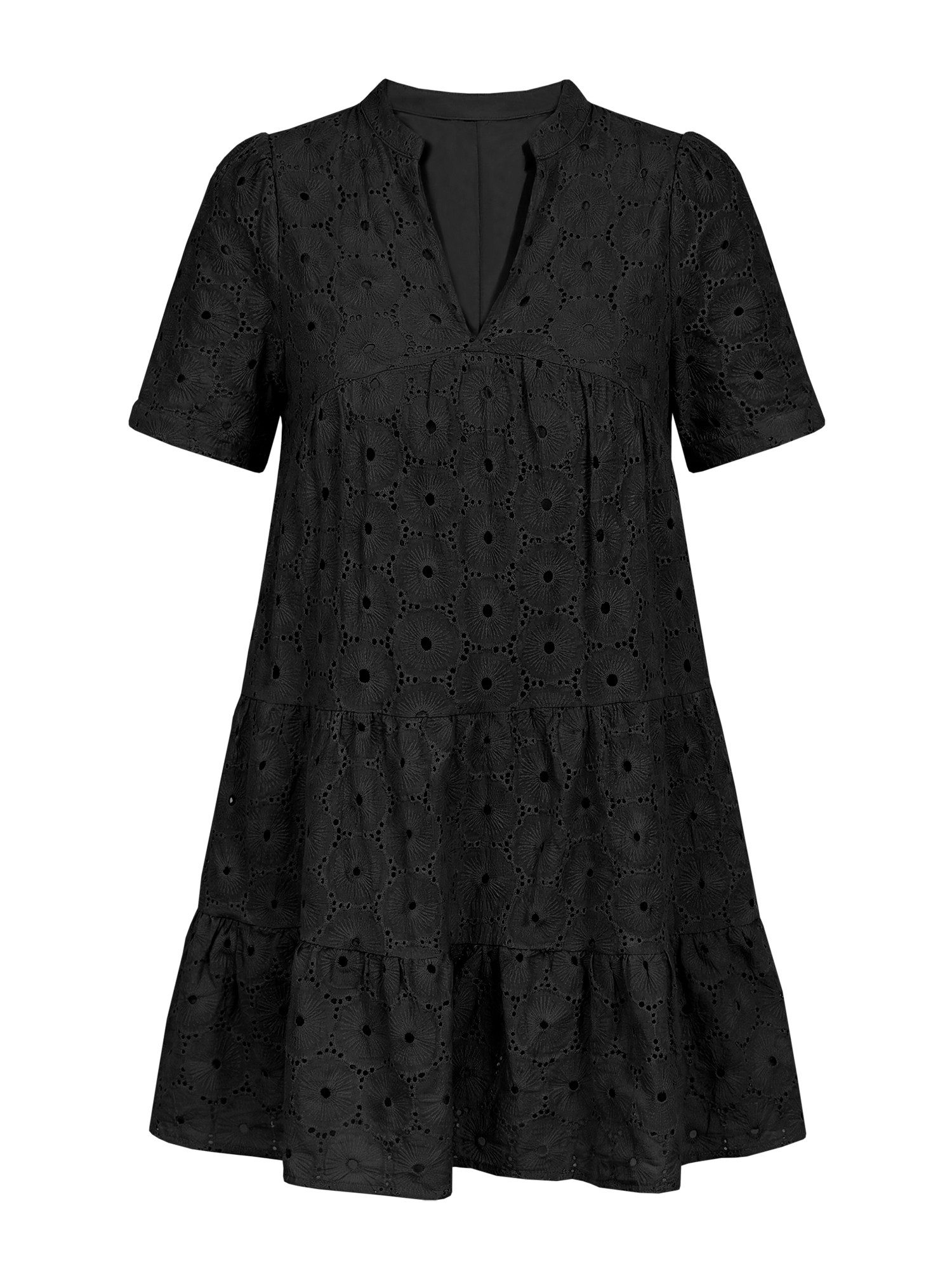 Imily Bela Spitzenkleid Damen Lochstickerei Freizeitkleid mit Puffärmeln (Packung, 1-tlg., 1per-Pack) mit V-Ausschnitt