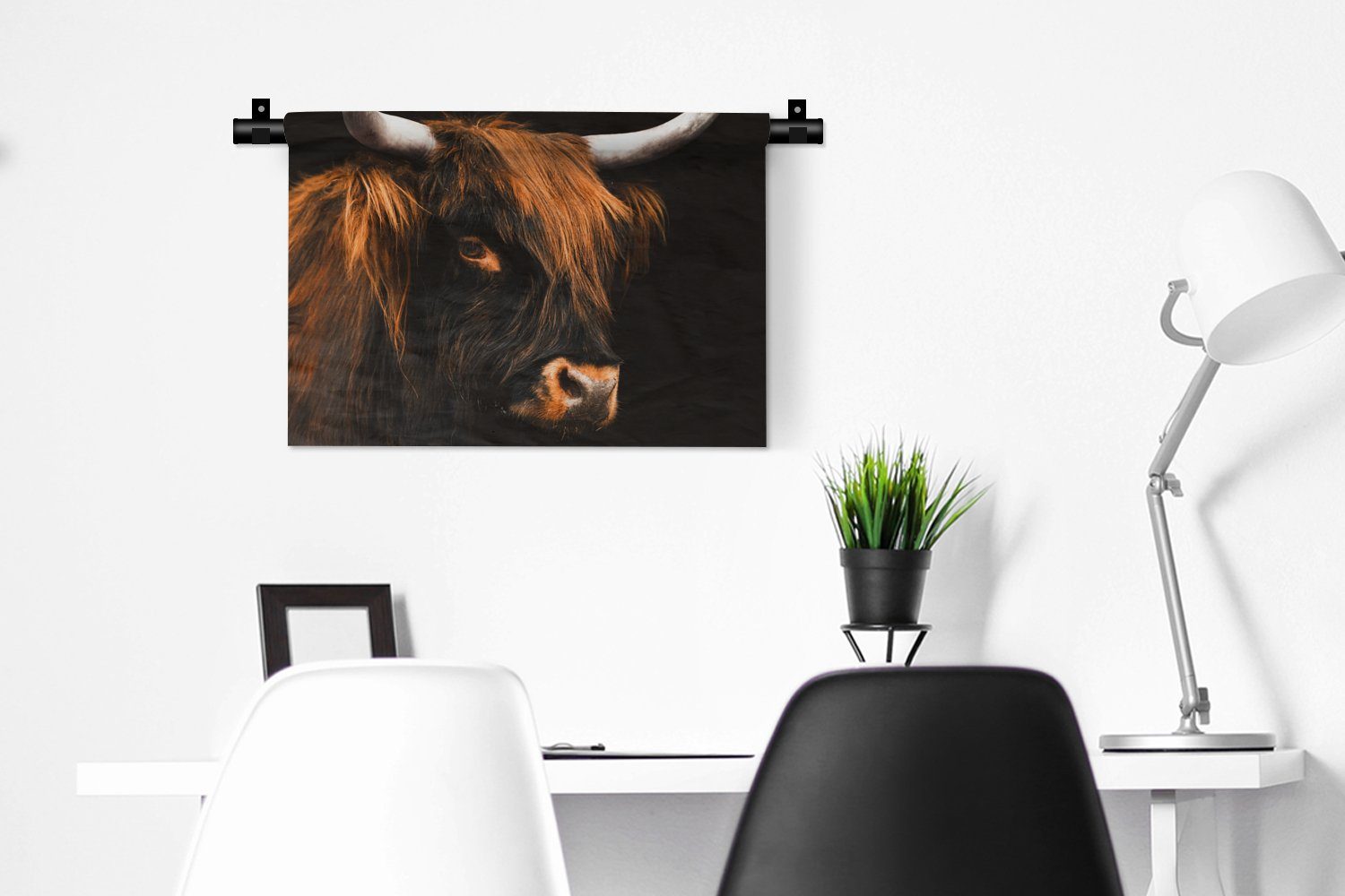 - Wandbehang, Wohnzimmer, MuchoWow - - Schwarz Wanddeko Tiere, Horn Schlafzimmer, Wanddekoobjekt Kleid, Kuh Highlander - für Schottischer Kinderzimmer