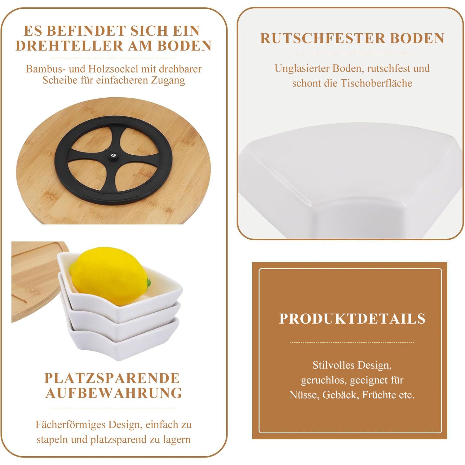 SURFOU Snackschale Snack Platte Snacktablett Drehbares Dip-Set Snack-Teller, (mit 6 Schalen aus Porzellan und Servierbrett aus Bambus-Holz), Serviertablett für Snacks Salate, Knabereien, Dips, Tapas