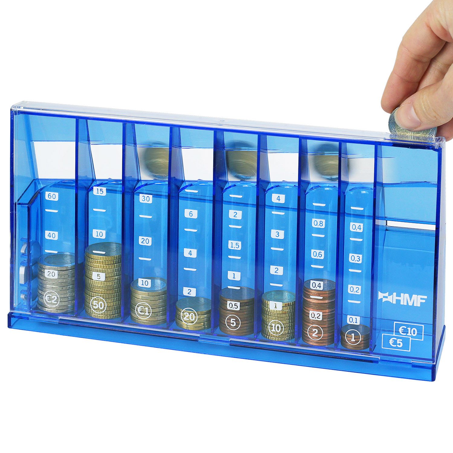 HMF Spardose Münzzähler mit automatischer Sortierung zur Kleingeld Aufbewahrung, Münzsortierer mit Werteskala als Spardose Kinder, 24 x 12 x 5 cm, Blau