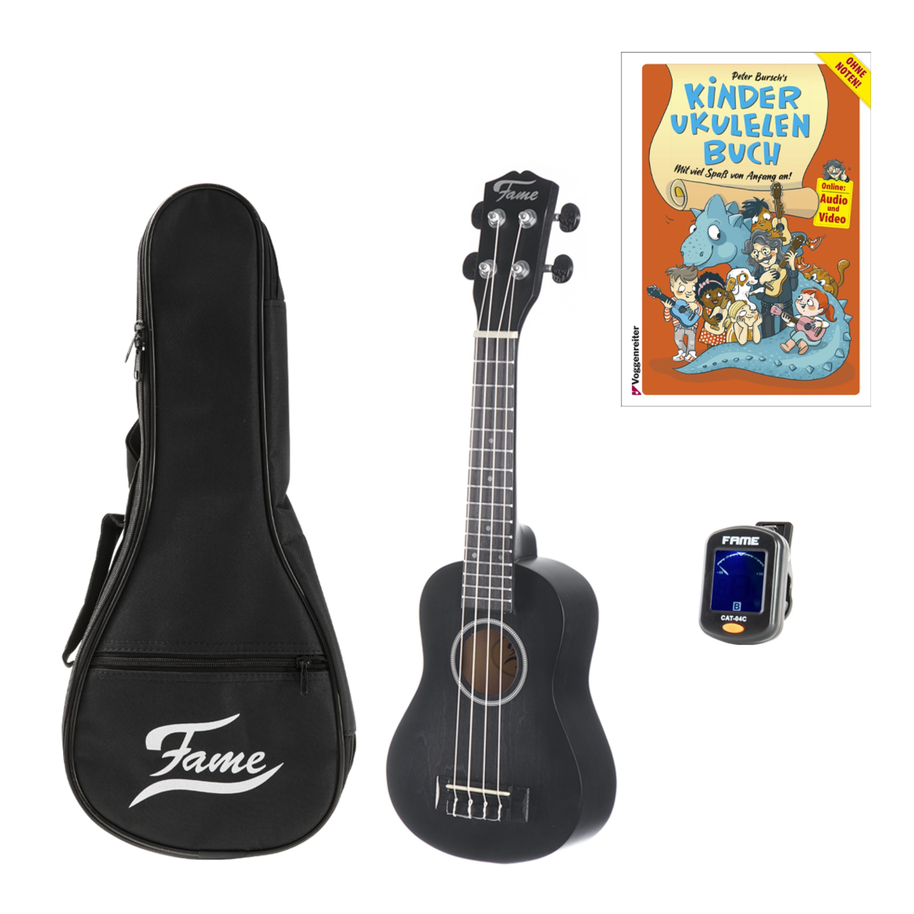 FAME Ukulele, Deluxe Sopran Ukulele Set Schwarz Matt Finish inklusive Kinder Ukulelenbuch Clip-on Tuner und Gigbag Ideal für Anfänger, Ukulelen, Sopran Ukulelen, Deluxe Sopran Ukulele, Kinder Ukulelenbuch, Clip-on Tuner