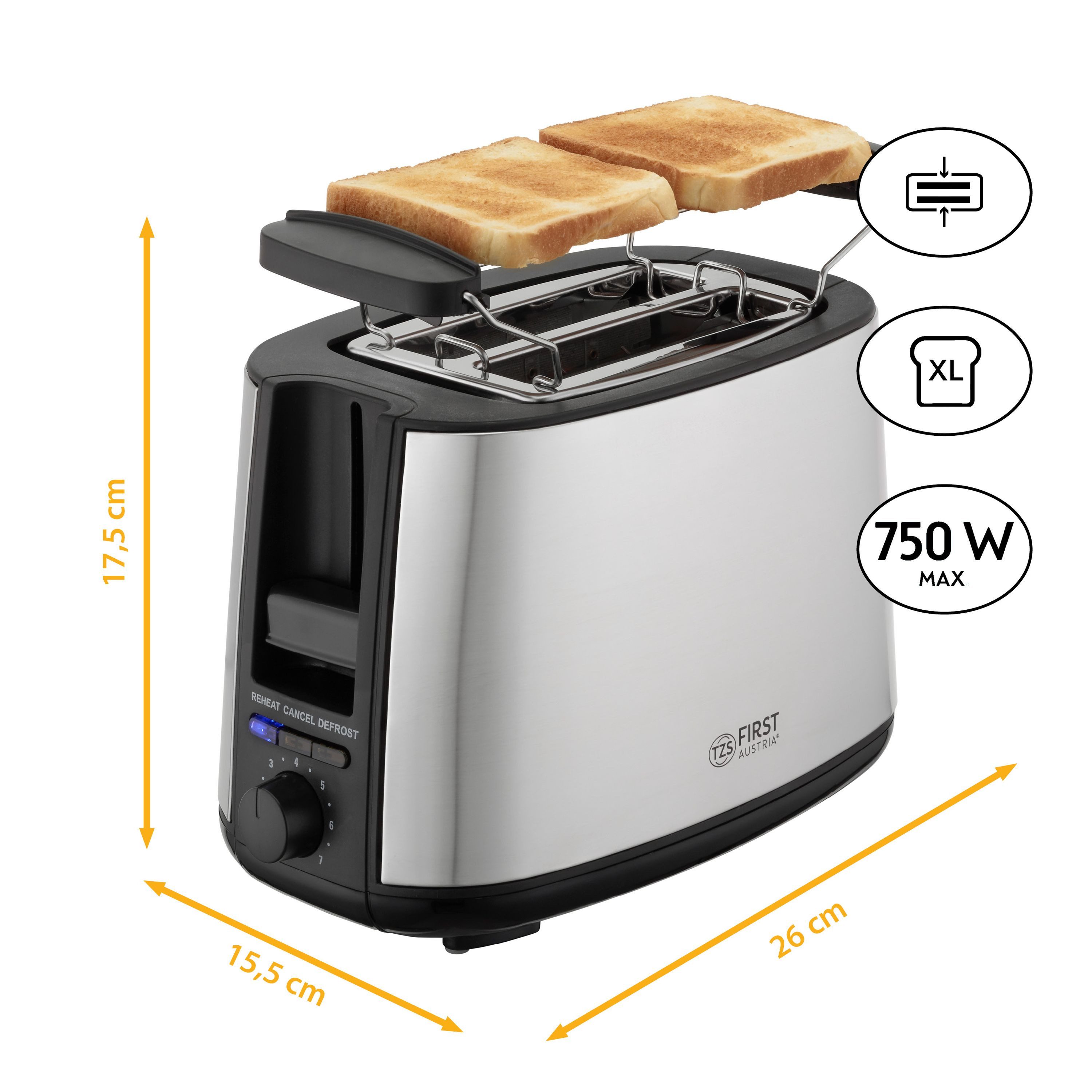 TZS FIRST AUSTRIA Toaster 2 Scheiben, Selbstzentrierfunktion, 7 Bräunungsstufen, 650-750W, für, 750 W, Auftau- und Aufwärmfunktion, Brötchenwärmer, Schwarz/Edelstahl