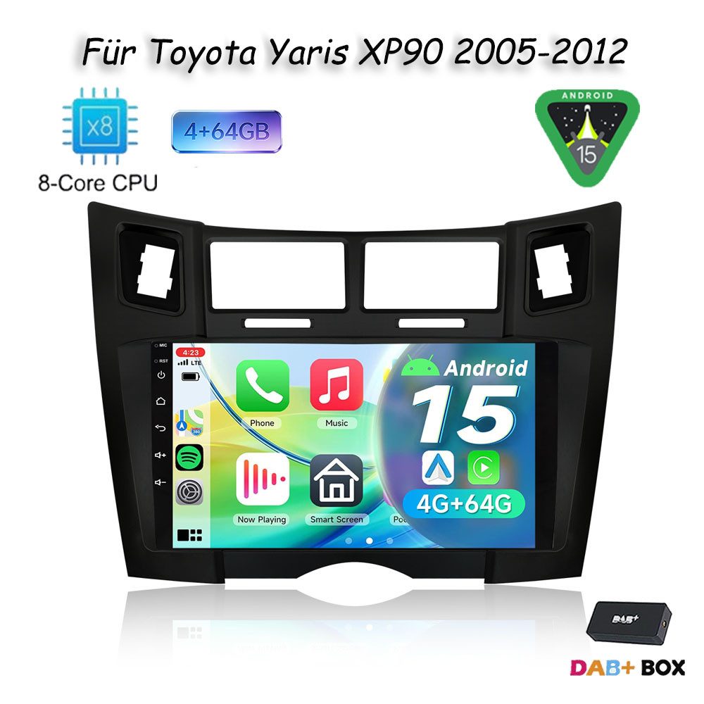 A-Sure 8Core 64G Für Toyota Yaris XP90 2005-2012 Android 15 CarPlay GPS Navi Autoradio (Digitalradio (DAB), FM, AM, 1280*800 IPS Screen/8-Core CPU)