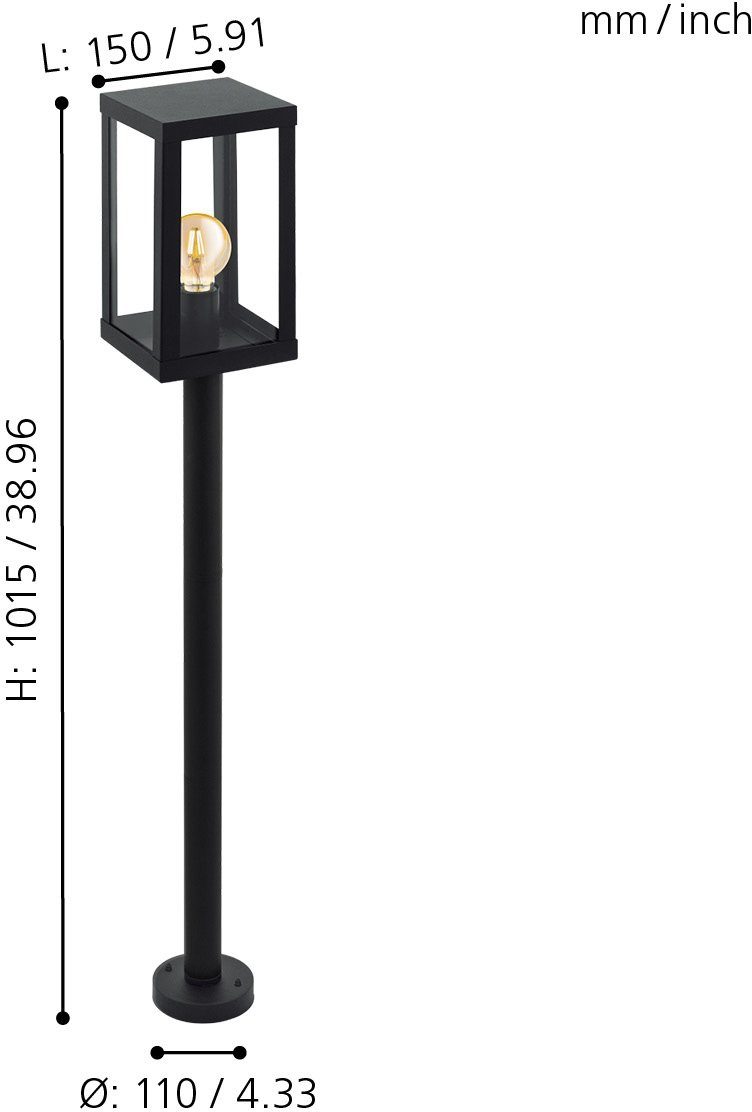 EGLO Stehlampe ALAMONTE 1 Stehlampe, Stahl und Glas, E27, IP44, Außenlampe, Lampe, ohne Leuchtmittel, Stehleuchte, L15 x B15 x H101,5 cm, schwarz, 1X60W exkl.