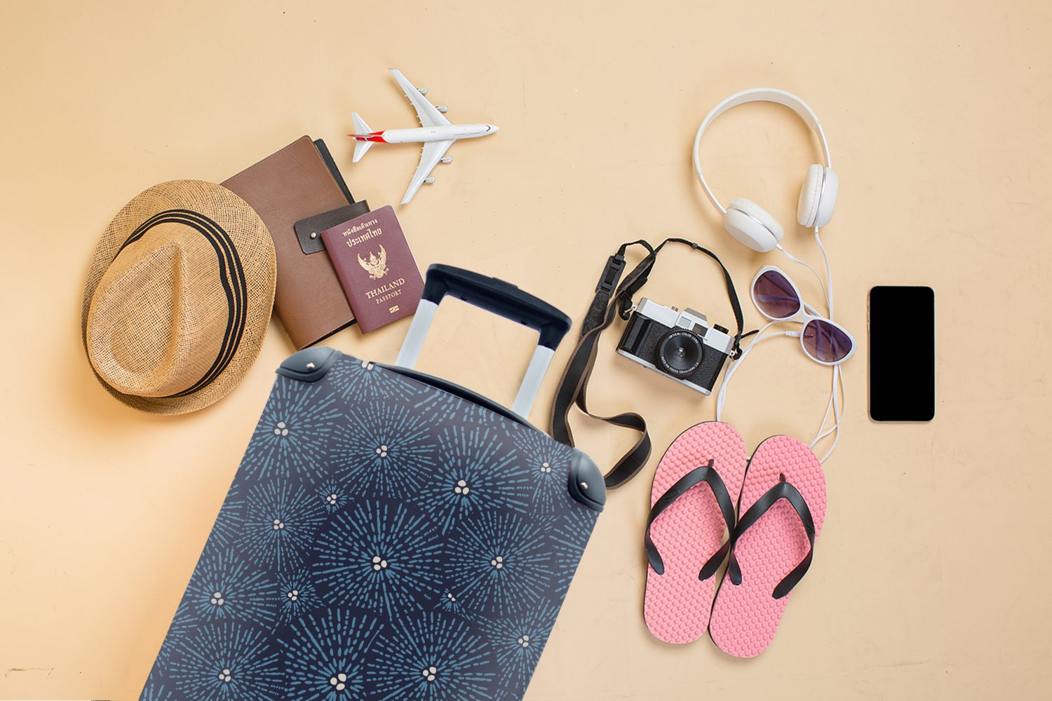 Reisetasche rollen, Handgepäck - MuchoWow Muster Blau - Handgepäckkoffer Reisekoffer für Ferien, 4 Japanisch mit - Weiß, Blumen Trolley, Rollen, -