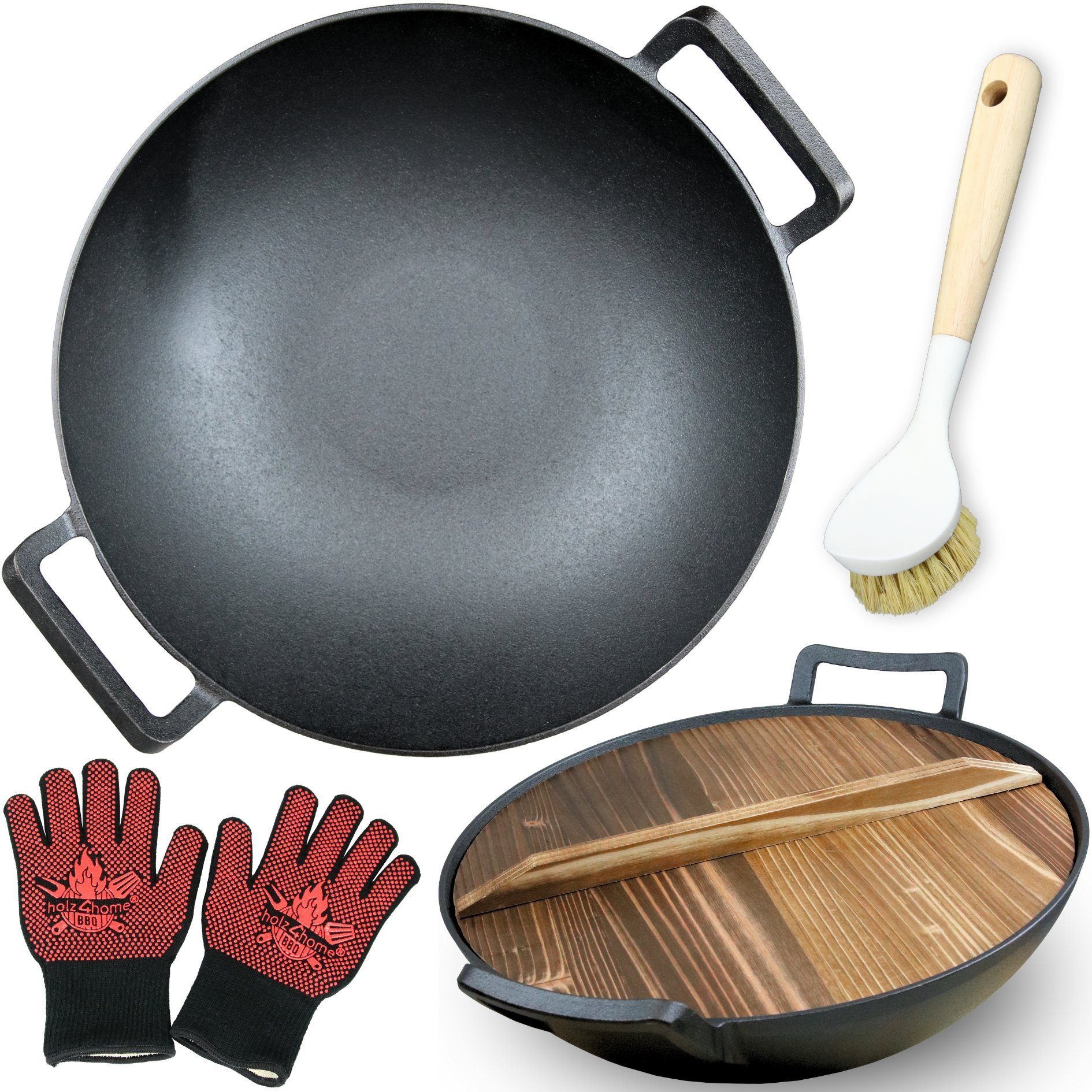 (4-tlg Wok Set Holzdeckel Gusseisen 36cm, Wok ⌀ Gusseisen holz4home inkl. Set)