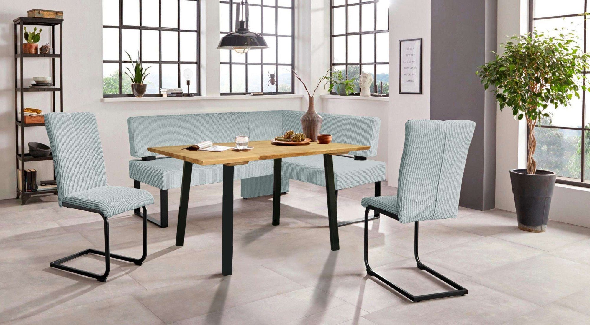 OTTO home Eckbankgruppe Oliver, (Set, 4-tlg., 4-tlg), Eckbank mit Wellenunterfederung im Sitz, Tisch Massiv Eiche