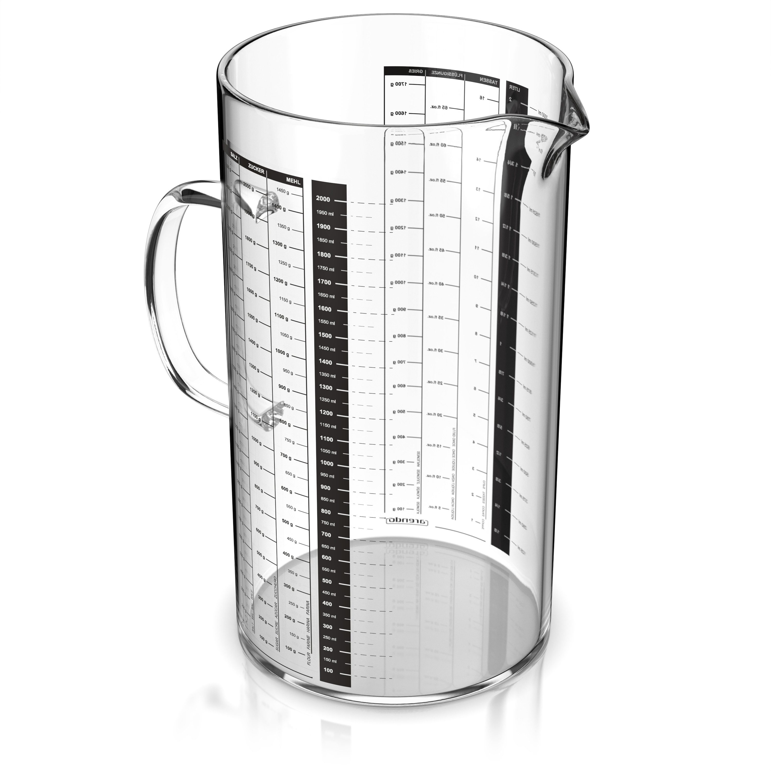 Arendo Мерные стаканы 2 l Glas Messkrug Set, Borosilikatglas, hitzebeständig, Küchenbehälter, Glas, präzise Skala, hitzebeständig, mikrowellengeeignet, 2000 ml