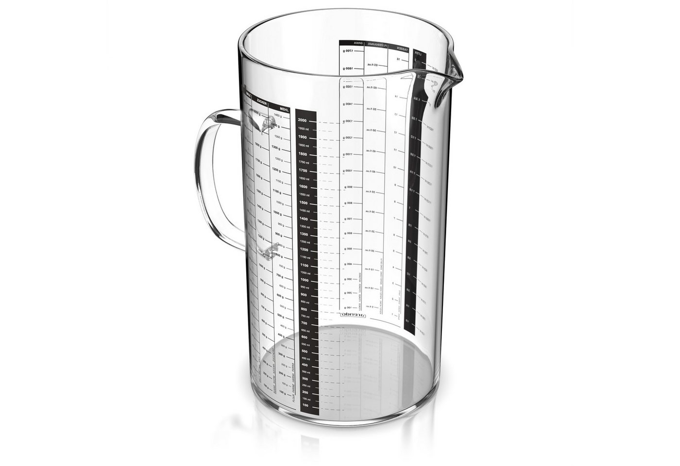 Arendo Messbecher 2 l Glas Messkrug Set, Borosilikatglas, hitzebeständig, Küchenbehälter, Glas, (1-St), präzise Skala, hitzebeständig, mikrowellengeeignet, 2000 ml
