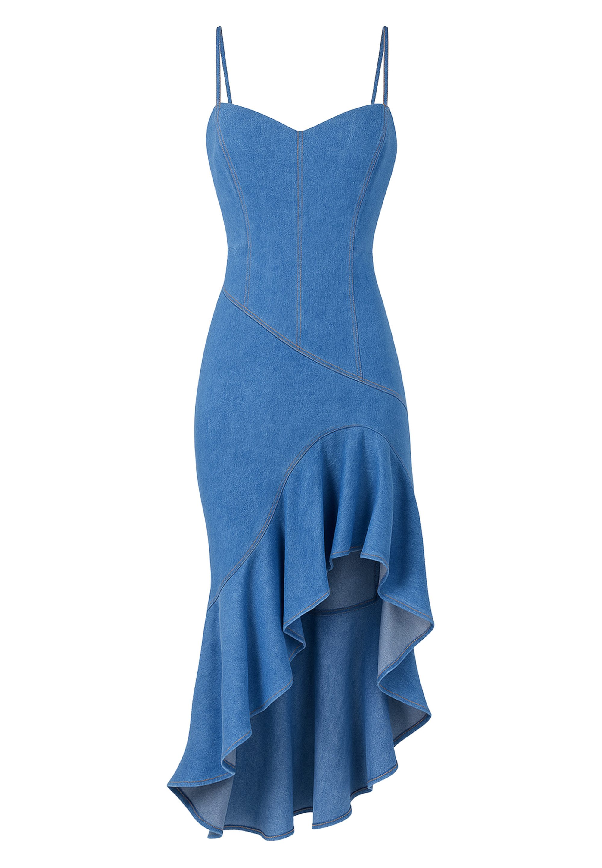 Goddiva Midikleid Denim Asymmetric Frill Maxi Dress knielang günstig online kaufen