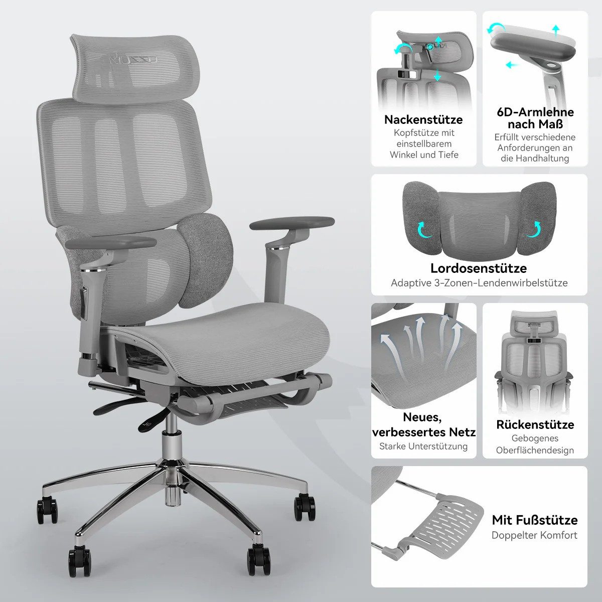 Musso Bürostuhl mit 3-Zonen-Lendenstütze, 4D-Armlehnen & Fußstütze, ergonomisch (1 St), Schreibtischstuhl, Computerstuhl, Homeoffice-Stuhl, Drehstuhl