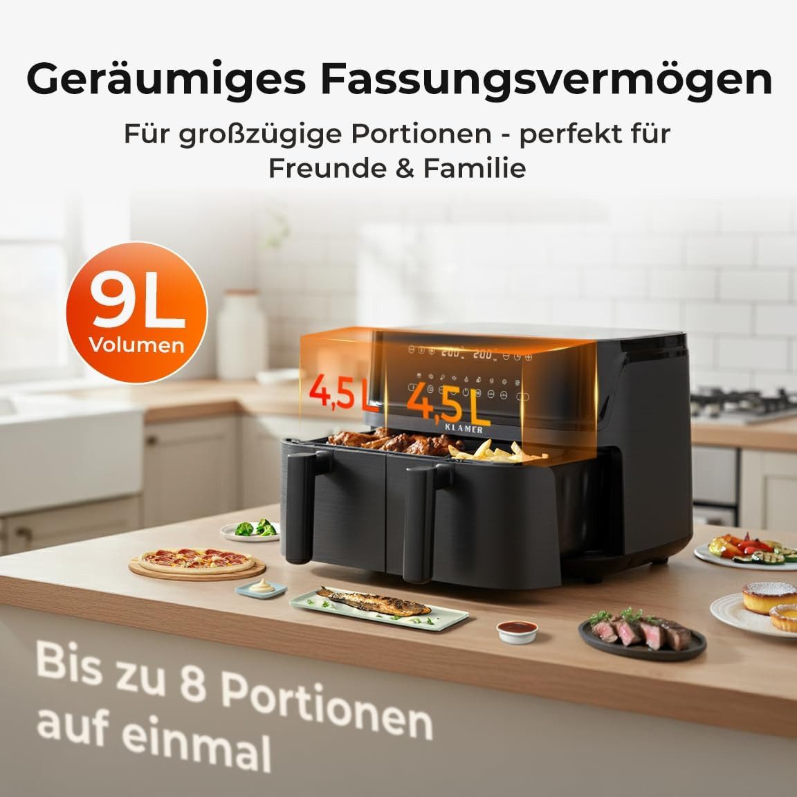 KLAMER Heißluftfritteuse Heißluftfritteuse Duo 9 L – Doppelkammer Airfryer mit 2 Körben, 3000 W, Zwei separate Fächer, Smart-Funktionen, Mehrere Programme & Ste – Bild 2 von 5